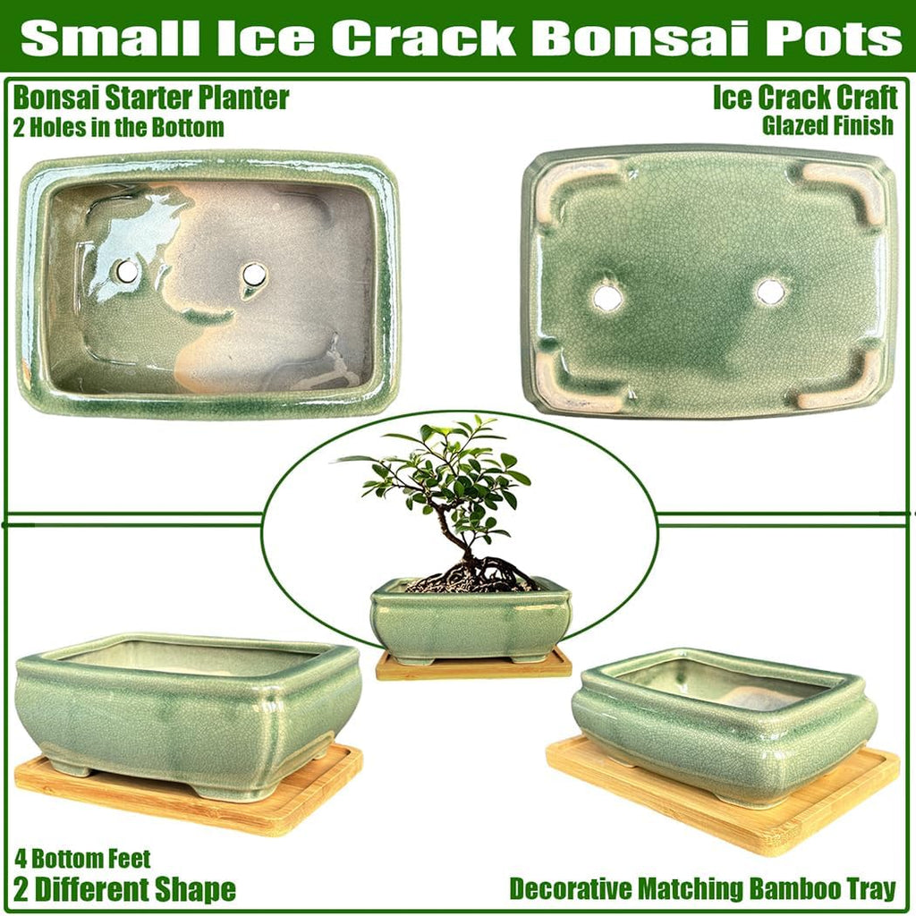 MUZHI 2pcs Green Ceramic Bonsai Planter Pots with Bamboo Tray 6.2 “ & 5.3”, Rectangular Glazed Bonsai & Succulent Cactus Starter Pot with Drainage Ice Crack Design