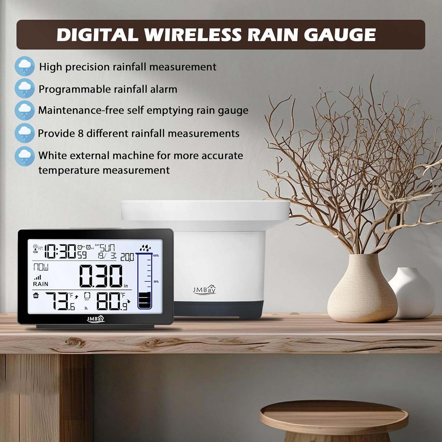 Wireless Rain Gauge Outdoor with Thermometer, High Accurate Digital Rain Gauges Outdoors Best Rated, Electronic Self-Emptying Remote Rain Collector, Freeze Proof Automatic Rain Measure Gauge for Yard
