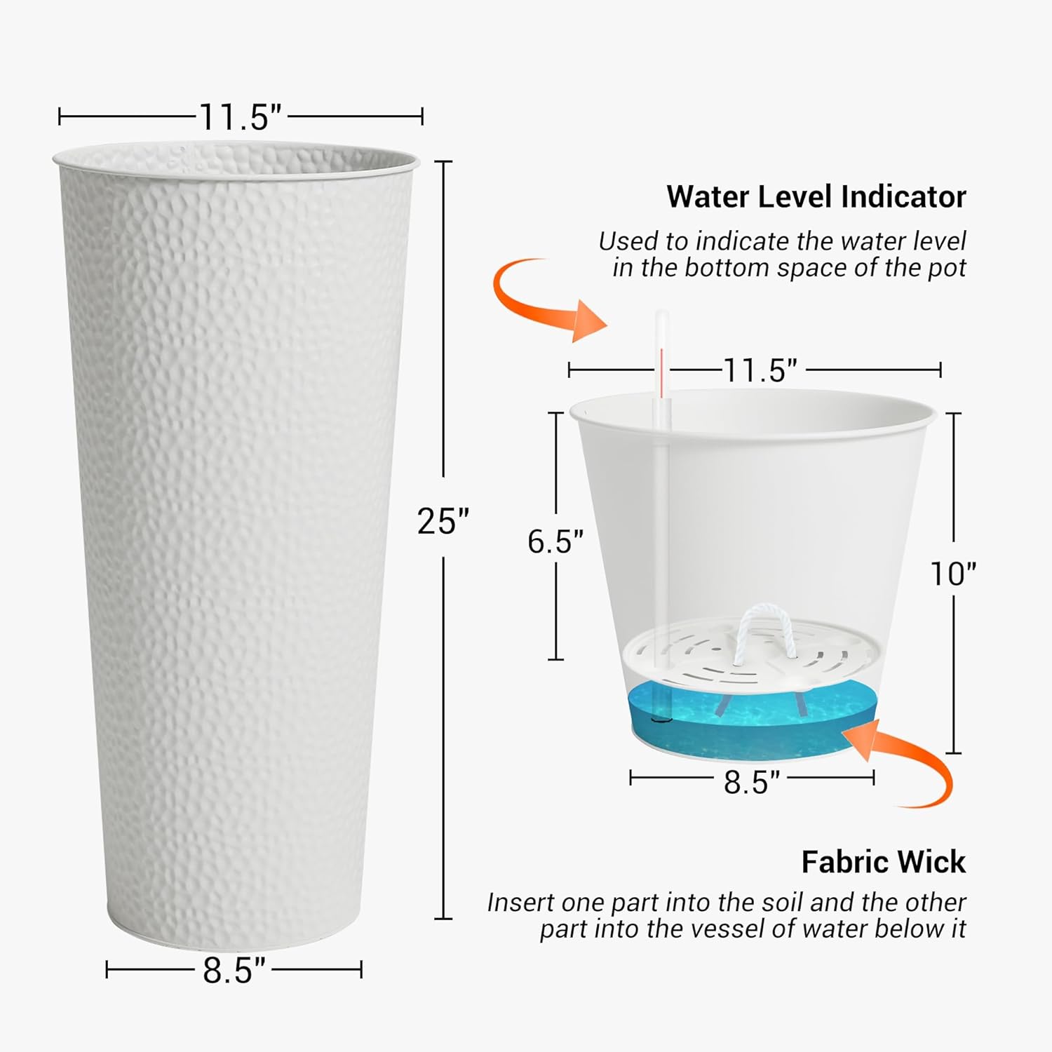 Worth Garden 2-Pack 25" H. Metal Planter with 2X Inside Pots - Hand-Hammered Texture Tall Tapered Plant Pots - Large Handcrafted Flower Pot for Indoor Outdoor, Deck, Patio, Front Porch (White)