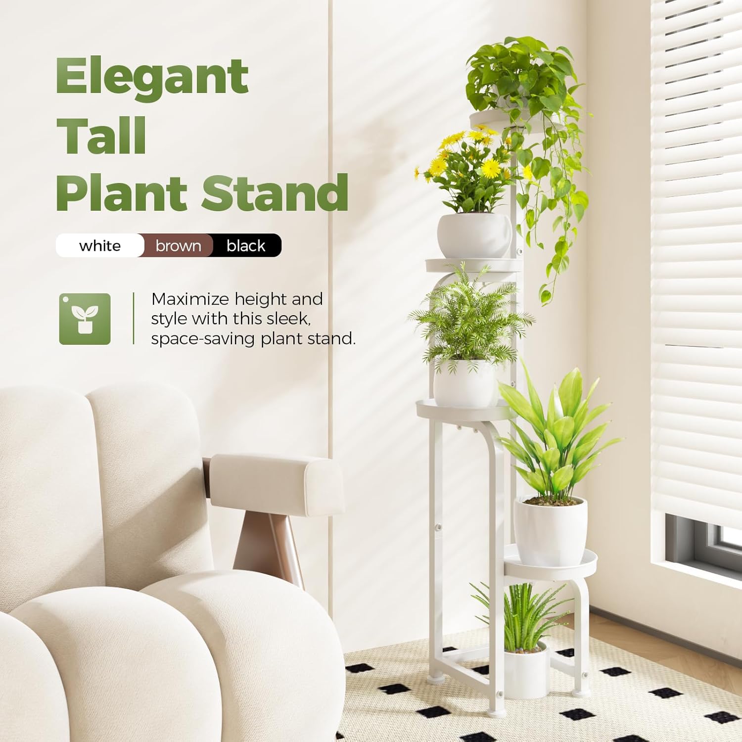 Bamworld Corner Plant Stand Indoor Outdoor, Tall Metal Flower Pot Stands for Multiple Plants, 4 Tier White Heavy Duty Plant Shelf for Patio Garden Balcony Living Room Bedroom(Patent Design)