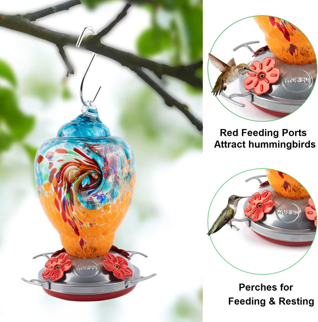 WOSIBO Hummingbird Feeder for Outdoors Patio Large 32 Ounces Colorful Hand Blown Glass Hummingbird Feeder with Ant Moat Hanging Hook, Rope, Brush and Service Card (Blue-Orange)