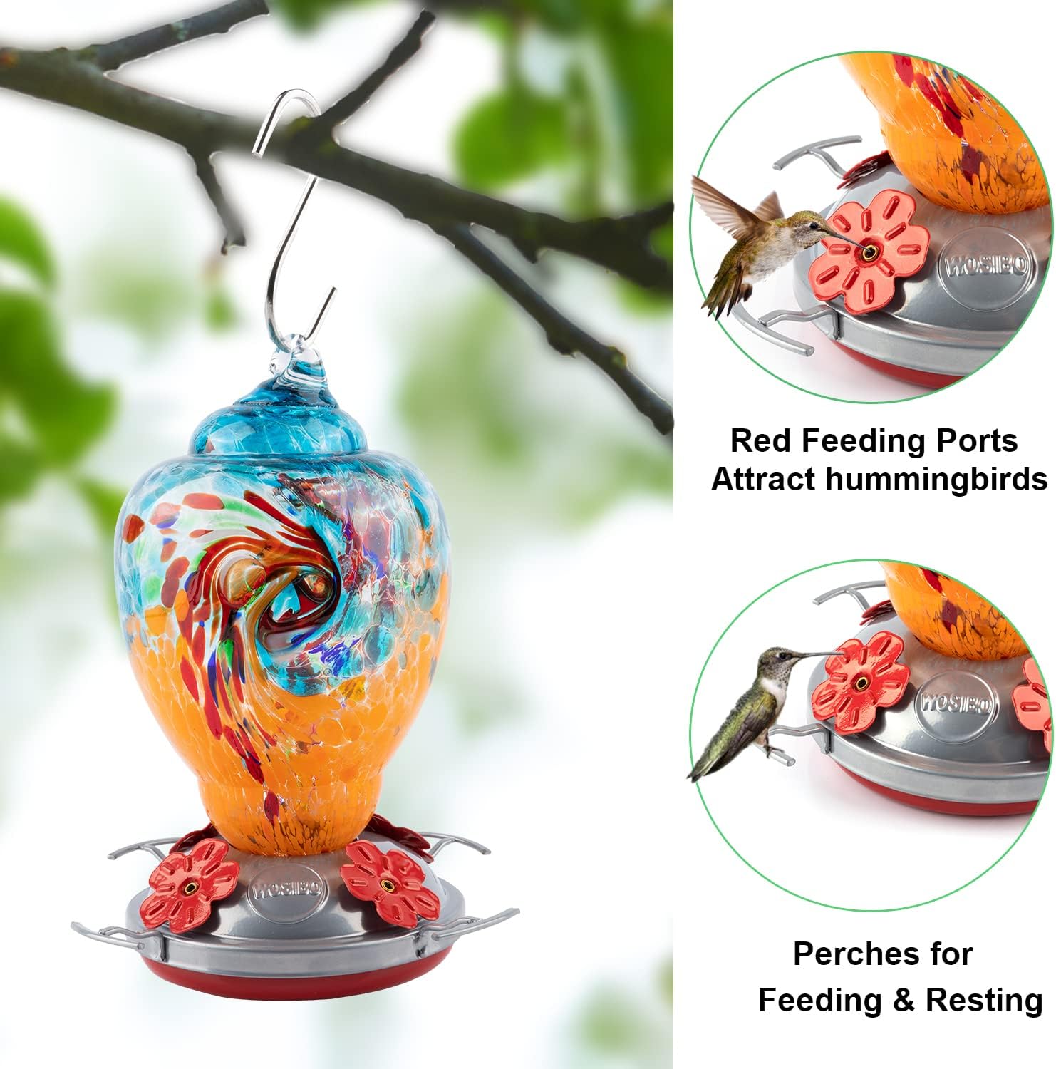 WOSIBO Hummingbird Feeder for Outdoors Patio Large 32 Ounces Colorful Hand Blown Glass Hummingbird Feeder with Ant Moat Hanging Hook, Rope, Brush and Service Card (Blue-Orange)