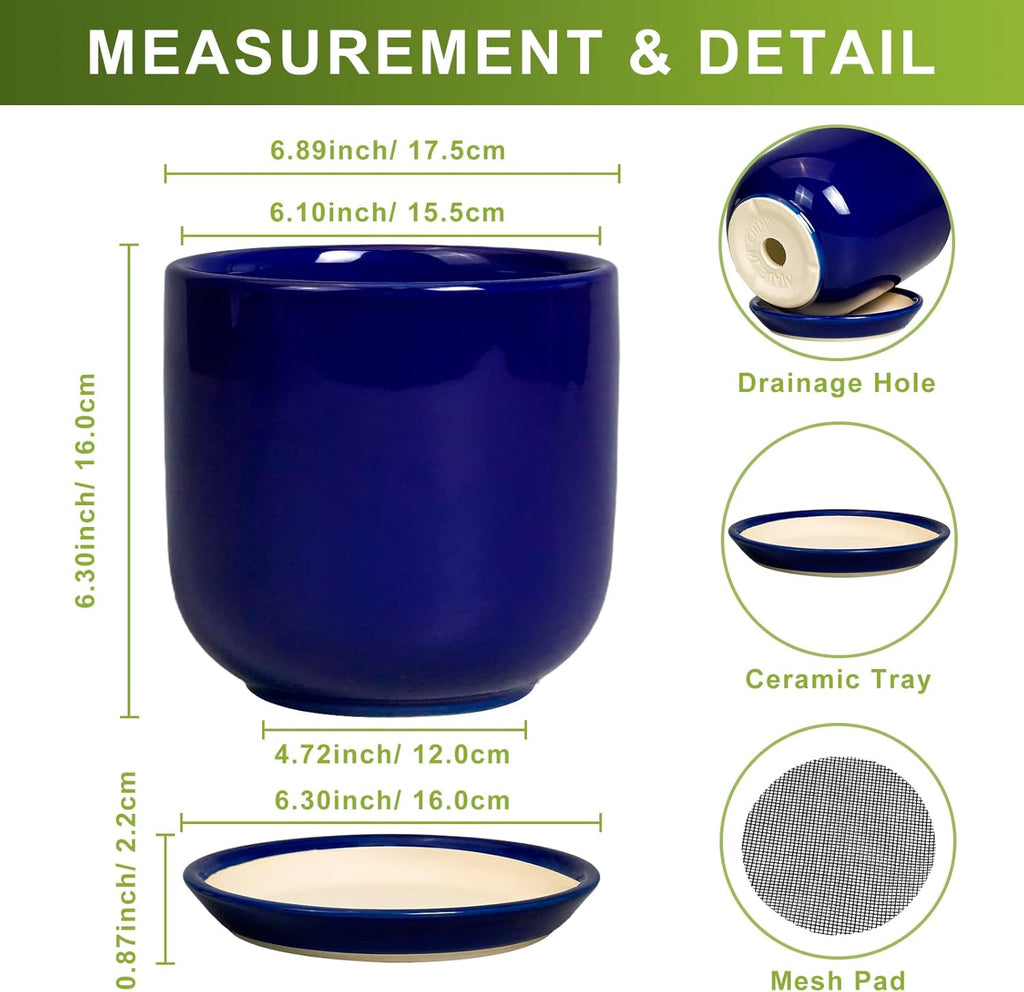 Ceramic Flower Pot 7 Inch - Cylinder 7 Inch Round Planter for Cactus Orchid Plants with Drainage Hole and Saucer, Home Office Room Desk Decor, Blue