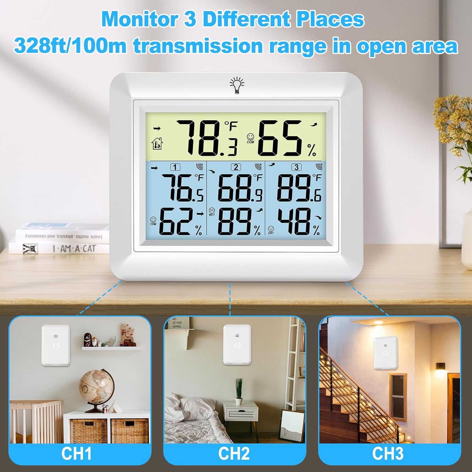 Urageuxy Weather Station Wireless Indoor Outdoor Thermometer with 3 Sensors, Remote Temperature Monitor with Humidity for Home, Baby Nursery, Room, Attic, Patio