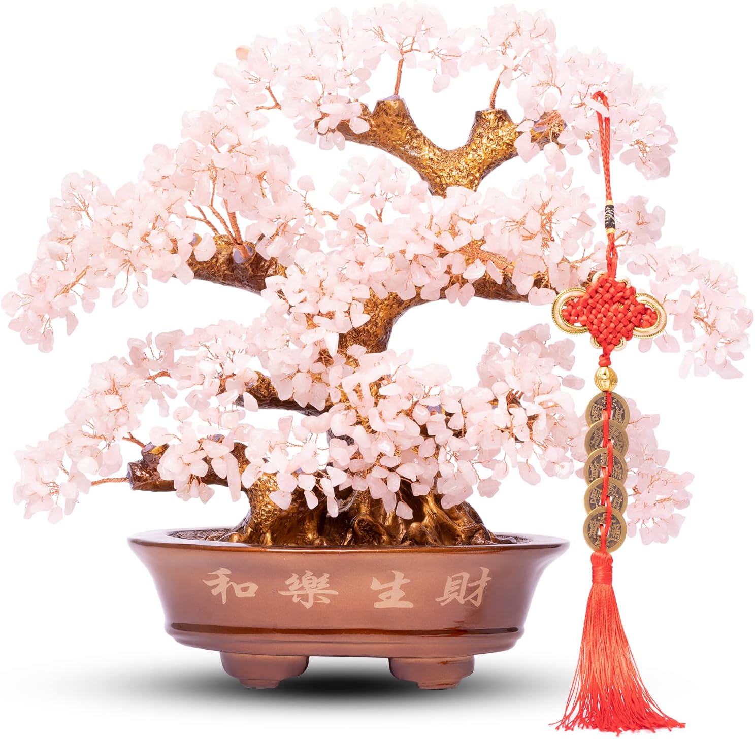 Natural Rose Quartz Tree Large,14" Chakra Crystal Tree(1,251 Gemstone Count) w/Lucky Coins Chain Healing Properties - Bonsai Feng Shui Money Tree for Love Self Care Home Office Decoration