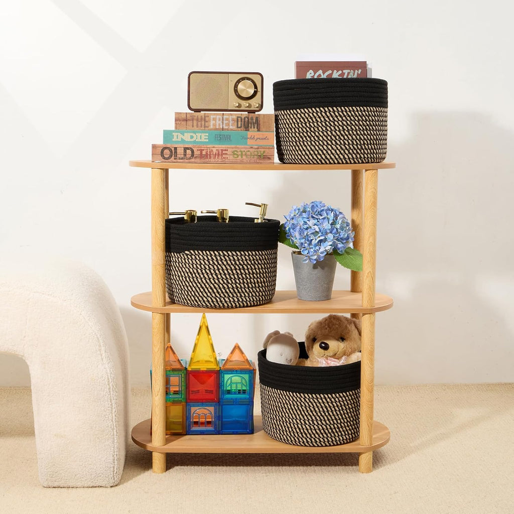 Small Basket for Organizing | Cube Shelf Closet Storage Baskets | 9.7×9.7×7.1” | Woven Rope Gift Basket | Nursery | Round 3 Packs Black Brown