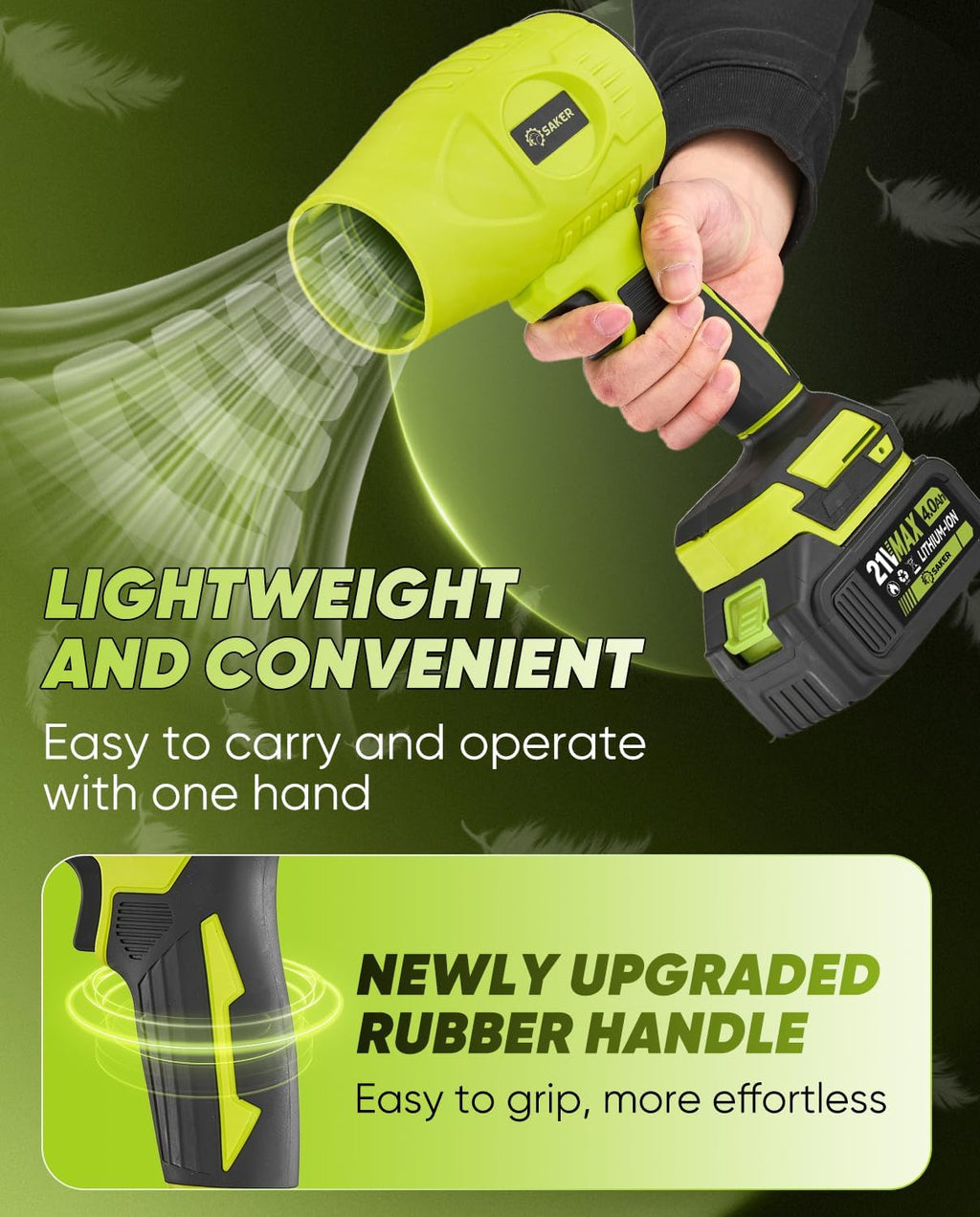 Saker Cordless Leaf Blower Portable Dust Cleaner Handheld Blowers 2 x 4.0Ah Batteries 180000 RPM Air Duster with Adjustable Speed for Drying Patio Cleaning Green