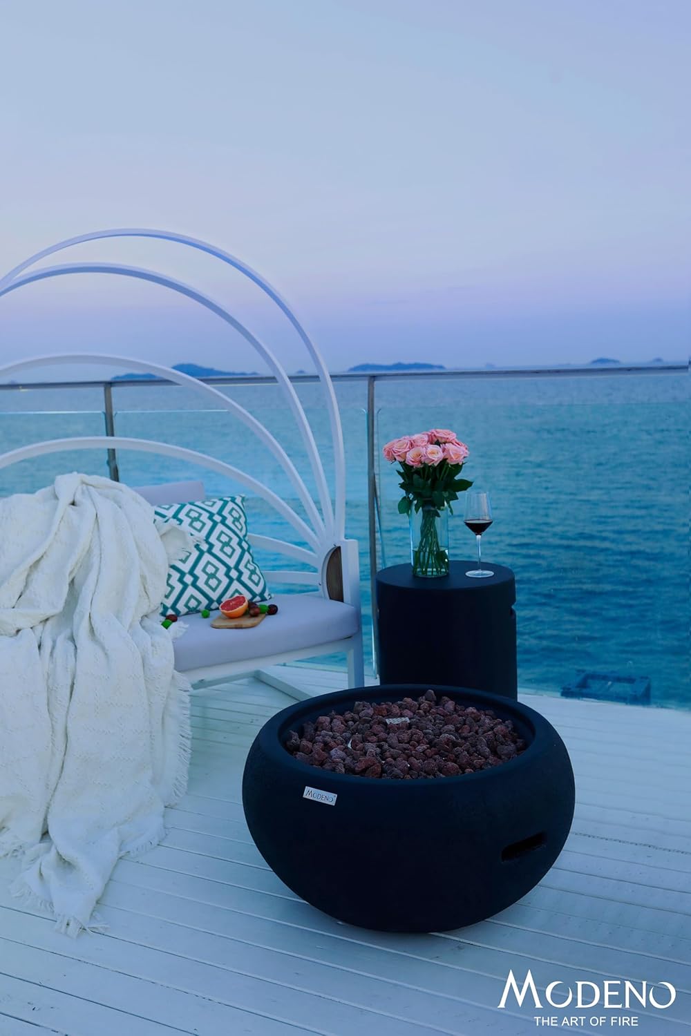 AMS Fireplace | Modeno York Package | Black Liquid Propane Gas Fire Pit Table for Outside Patio Bundle with Tank Cover and SS Burner Lid | Free Ice Bucket