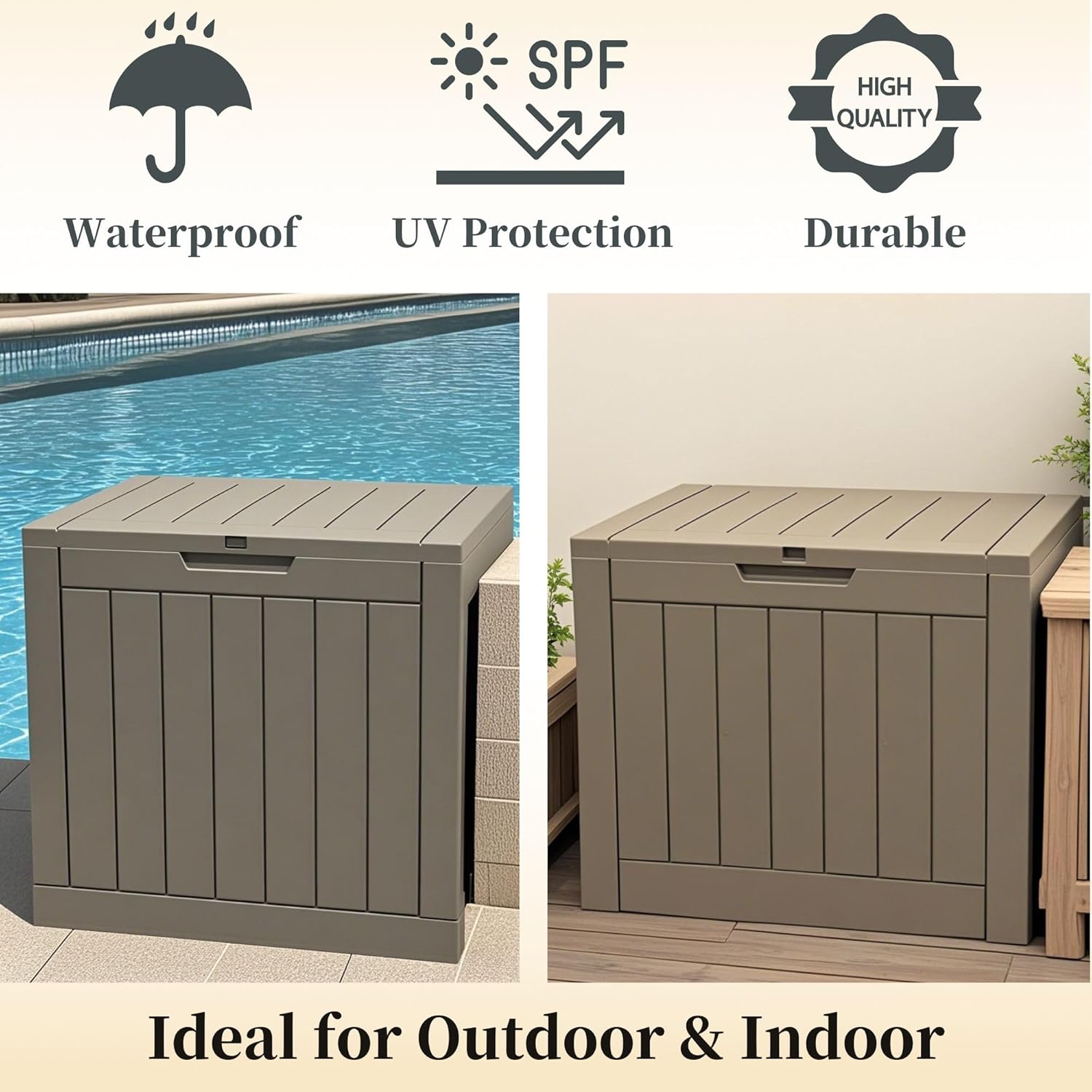 30 Gallon Waterproof Deck Box, Lockable Resin Storage Box for Patio Furniture Cushions Garden Tools and Outdoor Delivery Storage, Coffee