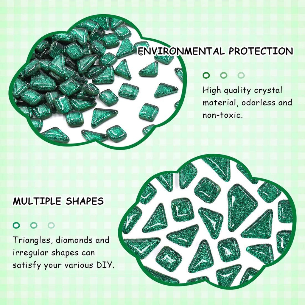 Swpeet 1 Pound Deep Green Shine Crystal Series Mosaic Tiles Assortment Kit, Square and Triangle Genuine Mosaic Tiles Glitter Crystal Mosaic Perfect for Home Decoration Crafts