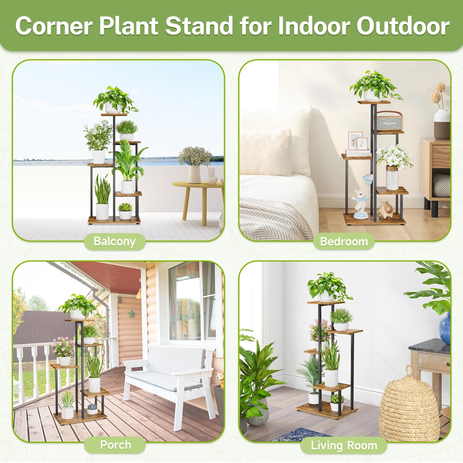 iDavosic.ly 5 Tier Plant Stand Indoor, Tiered Corner Flower Holder Shelf Outdoor, Metal Wood Tall Orchid Pot Display Rack for Patio Porch Garden Balcony Office, Modern Black & Rustic Brown