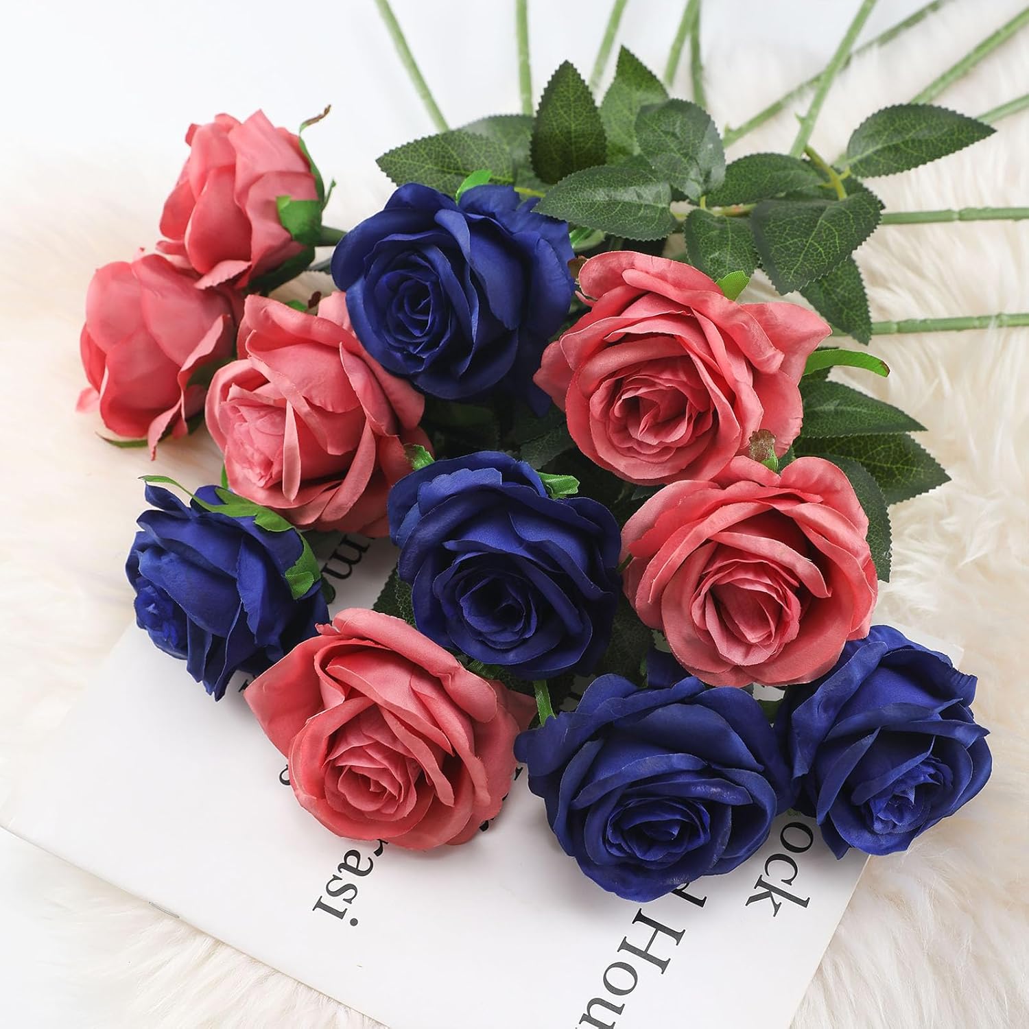 Blue Fake Roses Artificial Flowers - 10 Pcs Fake Artificial Roses Silk Flowers with Stems for Home Wedding Hotel Office Centerpiece Decor（Navy Blue）