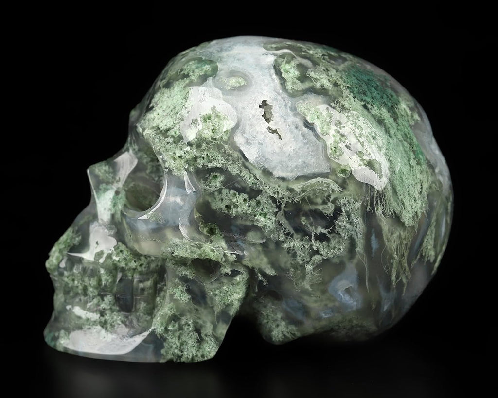 Skullis 2.0” Green Moss Agate Crystal Skull, Hand Carved Gemstone Fine Art Sculpture, Reiki Healing Stone Statue.