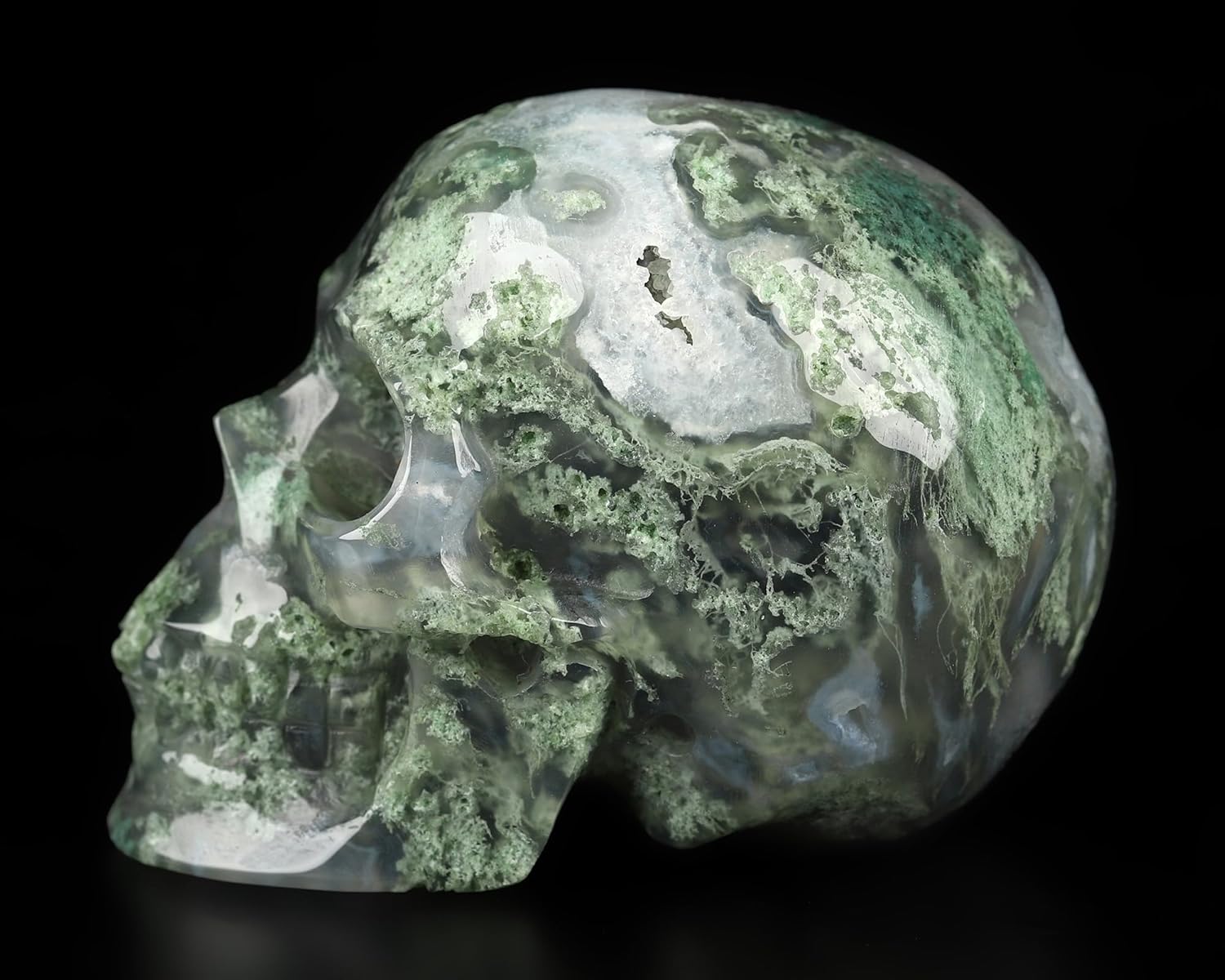 Skullis 2.0” Green Moss Agate Crystal Skull, Hand Carved Gemstone Fine Art Sculpture, Reiki Healing Stone Statue.