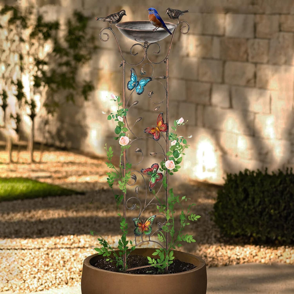 SUNNYPARK Bird Bath with Trellis Outdoor, Antique Garden Iron Trellis with Decorative Butterflies Detachable Bird Bowl Metal Potted Plants Support for Climbing Flowers
