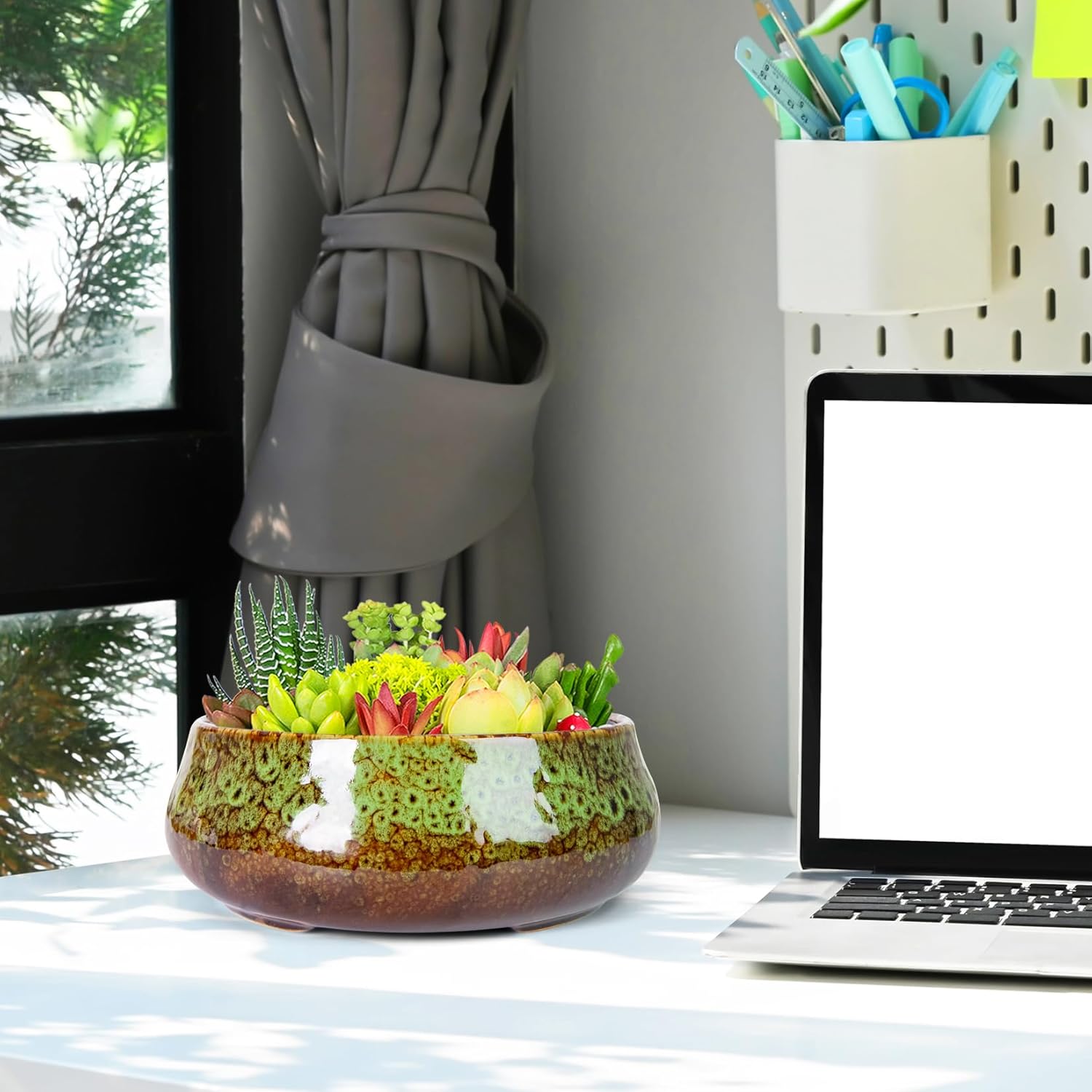 ARTKETTY Succulent Pots - 8 Inch Plant Pot, Large Bonsai Pots with Drainage, Ceramic Planters for Indoor Outdoor Plants, Round Shallow Cactus Flower Plant Container Bowl Decorative Home Garden