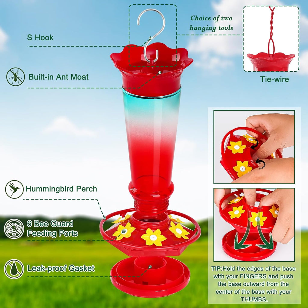 Glass Hummingbird Feeders for Outdoors Hanging Ant and Bee Proof Red & Blue 10OZ 2Pack Bird Feeders for Outside Hanging 6 Feeding Stations Bird Nectar Feeder for Garden Yard Décor Gift for Mom