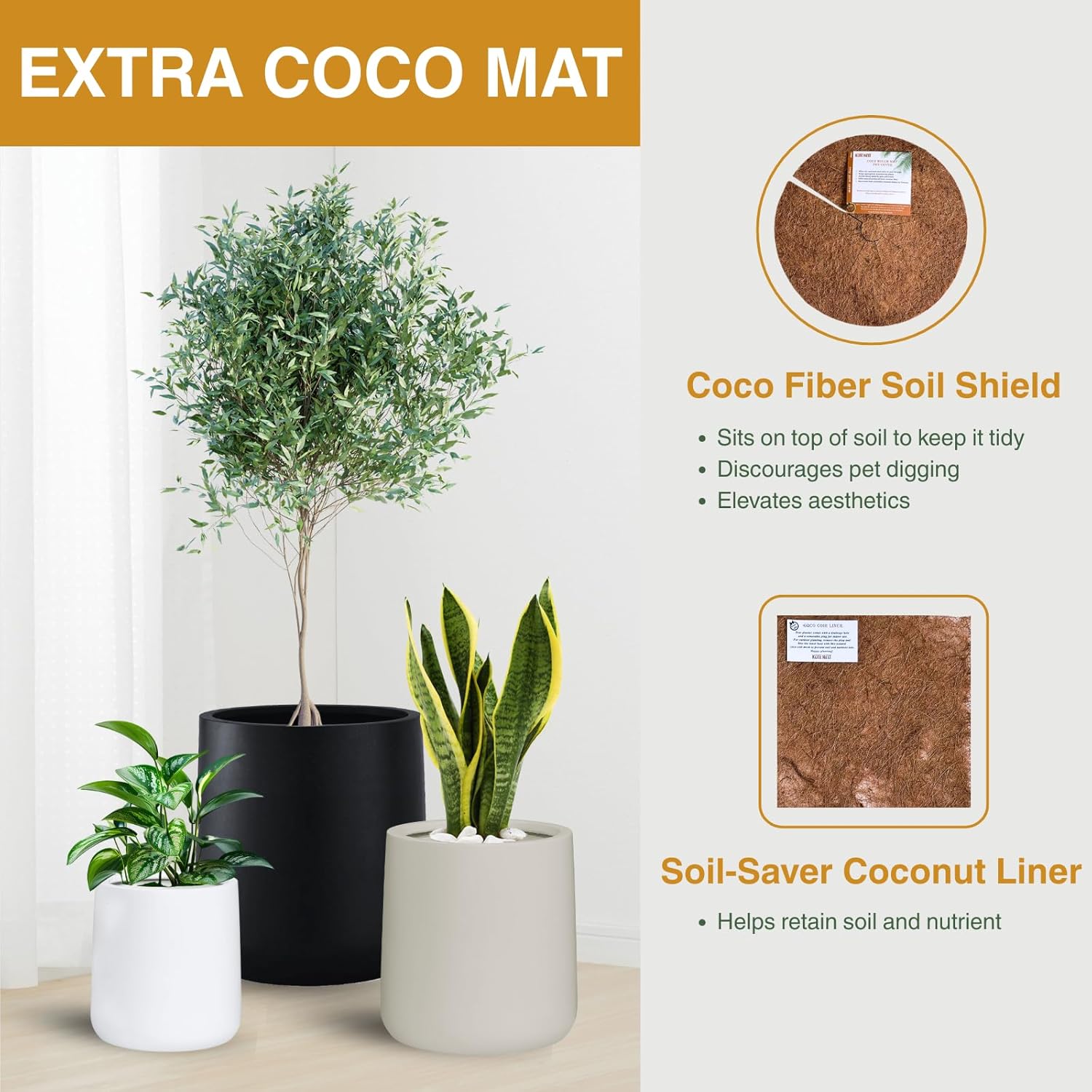 15.3" H x 15" D Conico Fiberstone Round Planter with Drainage Hole, Smooth Finishes, Weather Resistant for Indoor and Outdoor Use, Included 2 Extra Coco Mats (Taupe, 11.7" Pot Opening)