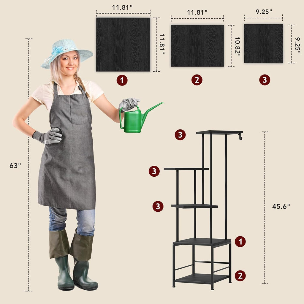 Plant Stand Indoor with Grow Light, 5-Tiered Tall Plant Stand Indoor, Metal Plant Shelf with Hanging Basket Hook and Adjustable Light, Ideal for Living Room, Garden, Patio (Black )