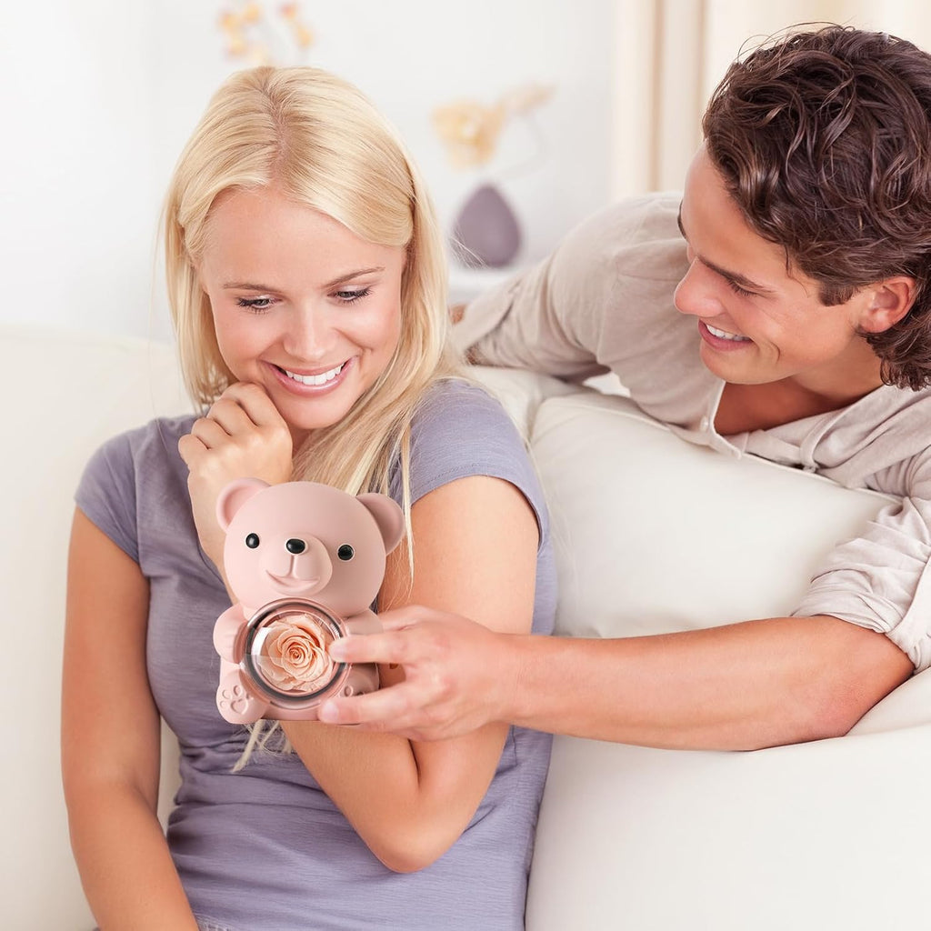 Cute Teddy Bear with Preserved Rose - A Real Rose Flower in Bear with Elegant Gift Box - Romantic Gift for Her in Mother's Day, Weddings, Anniversaries, and Bridal Showers (Champagne)