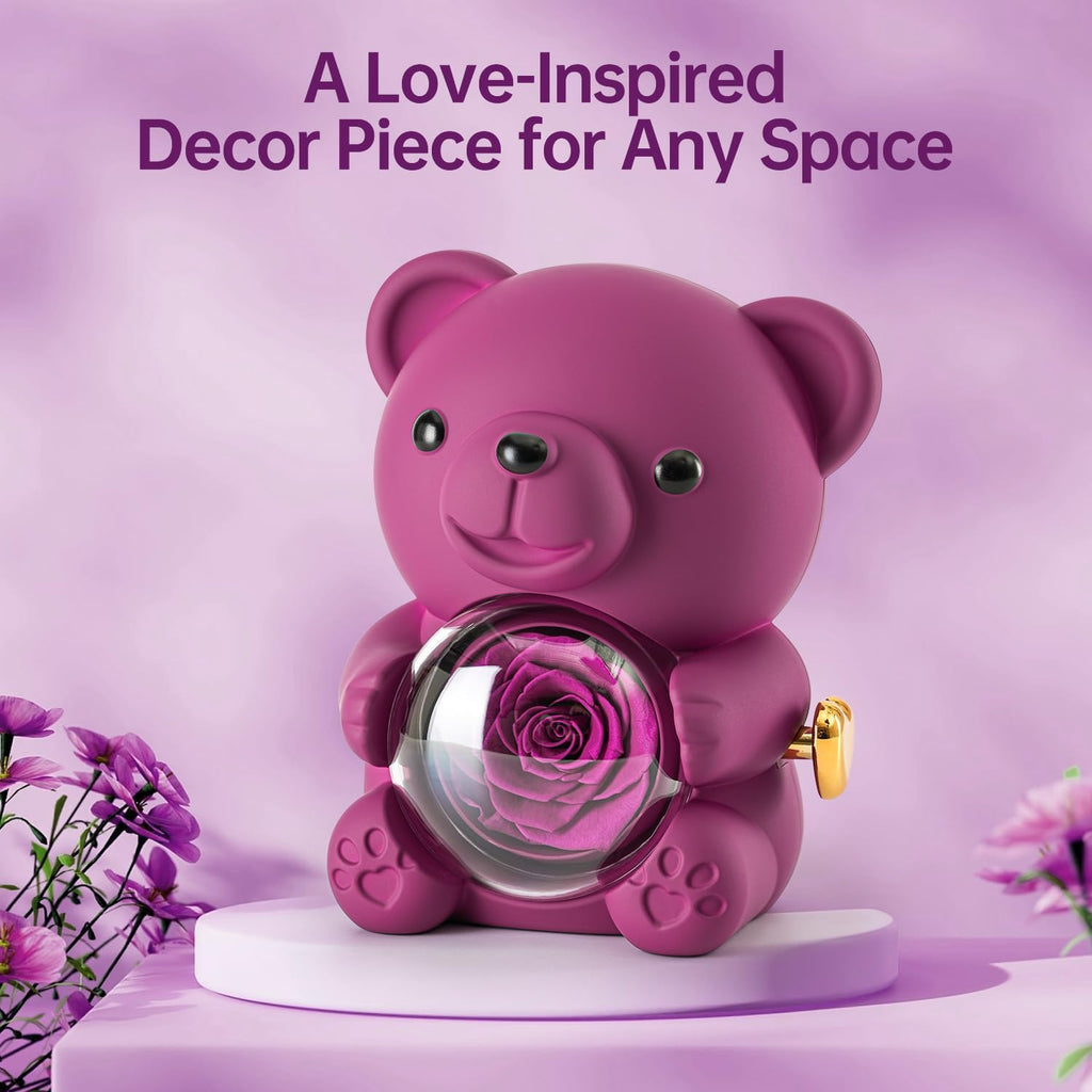 Cute Teddy Bear with Preserved Rose - A Real Rose Flower in Bear with Elegant Gift Box - Romantic Gift for Her in Mother's Day, Weddings, Anniversaries, and Bridal Showers (Purple)
