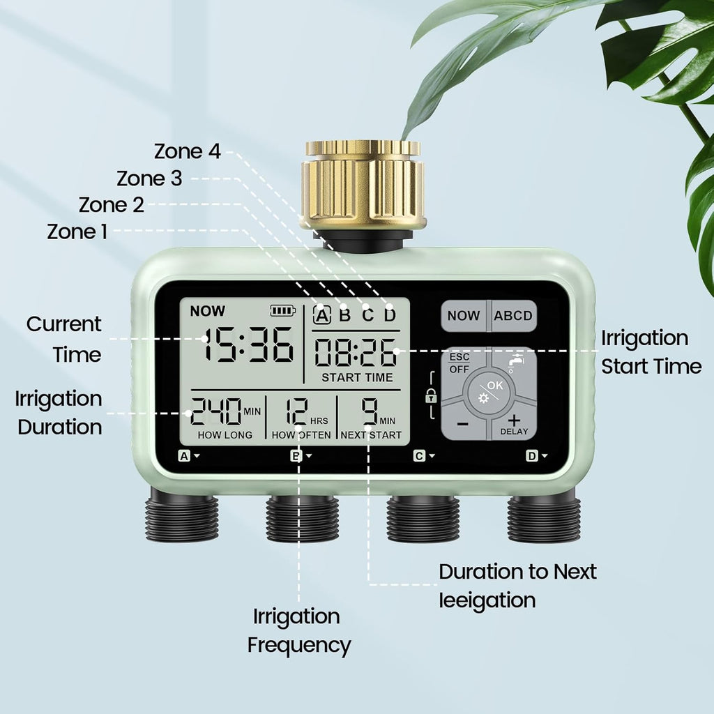 Watering Timer 4 Zone with with Brass Inlet, Sprinkler Timer, Programmable Garden Outdoor Hose Faucet Timers with Rain Delay/Manual/Automatic Watering System,Water Hose Irrigation Timers 4 Outlet