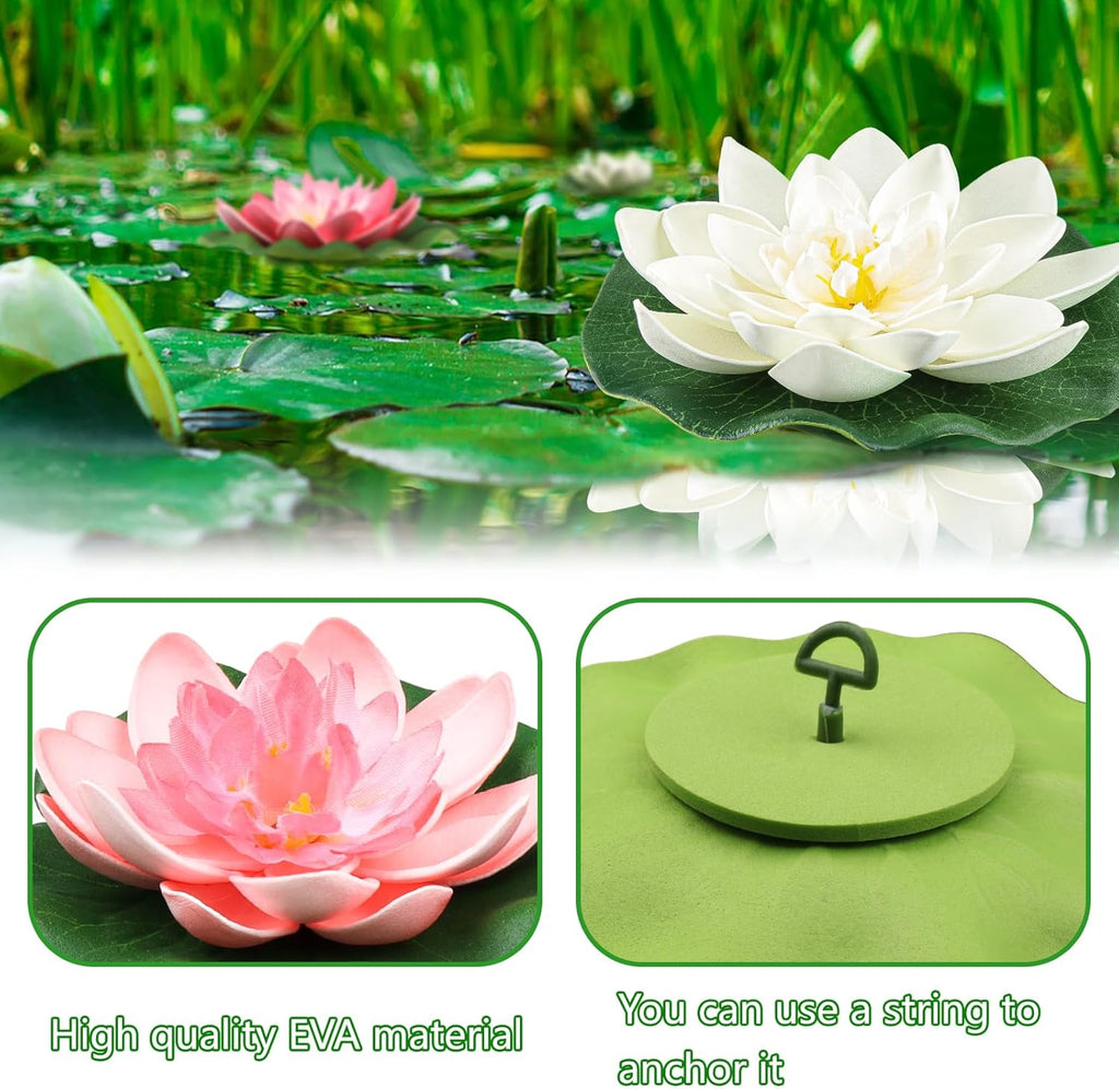 10PCS 3 Sizes Artificial Foam Lotus Floating Flowers with Water Lily Pad Ornaments for Home Garden Pond Decor Pools Water Decorations, Pink and White