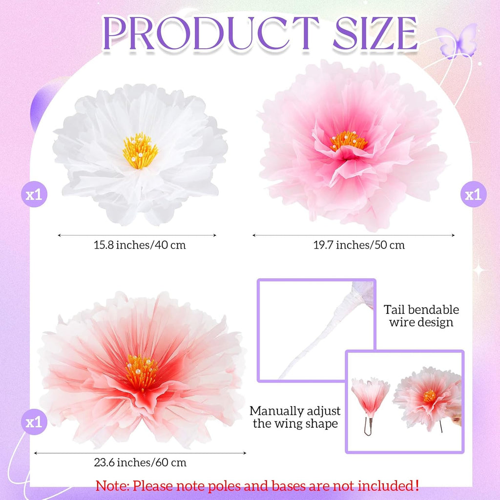 Havawish 3pcs 19.7in Giant Butterfly Flowers Decoration for Wedding Reception, Artificial Gauze Large Flower Butterflies Prop for Wedding Banquet Ceremony Church Party(Flowers)