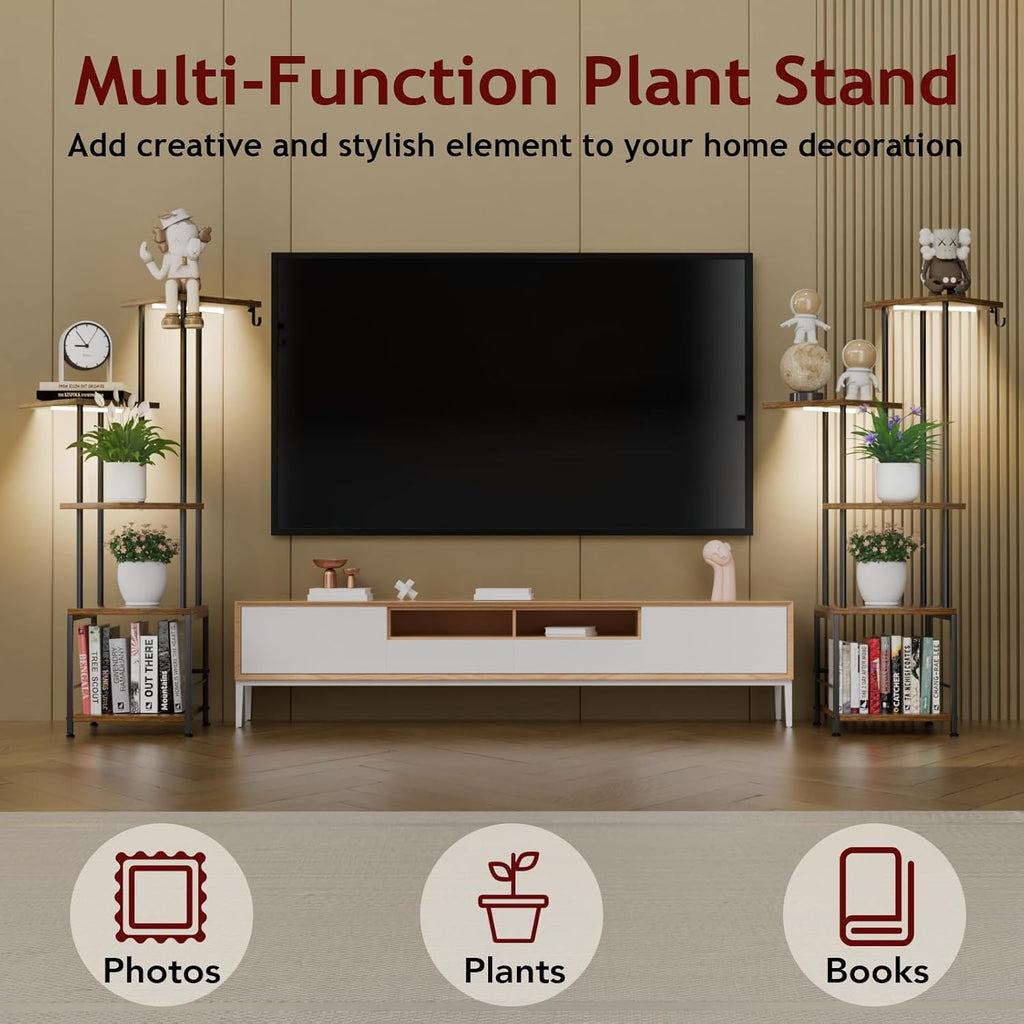 Plant Stand Indoor with Grow Light, 5-Tiered Tall Plant Stand Indoor, Metal Plant Shelf with Hanging Basket Hook and Adjustable Light, Ideal for Living Room, Garden, Patio (Black Brown)