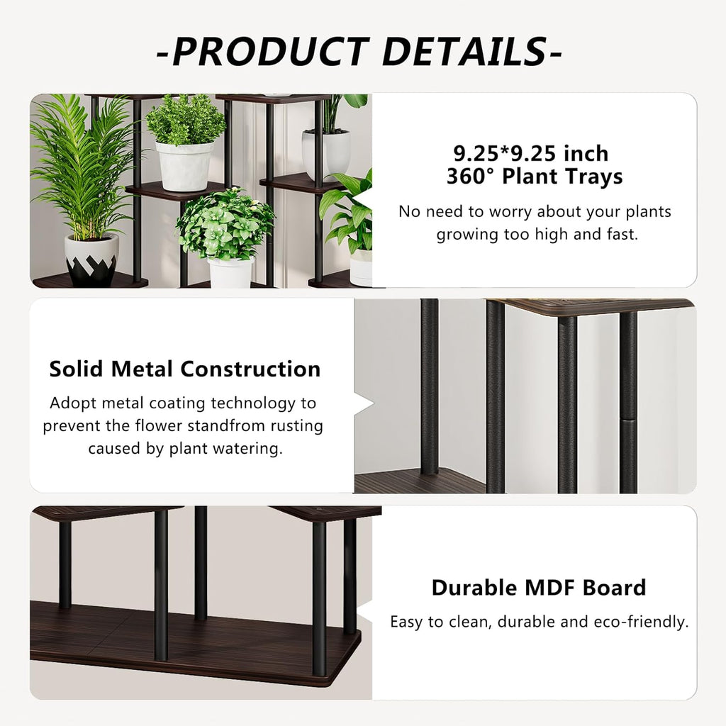 AZERPIAN Plant Stand 9 Tier Indoor Metal Flower Shelf for Multiple Plants Corner Tall Flower Holders for Patio Garden Living Room Balcony Bedroom, Black Oak