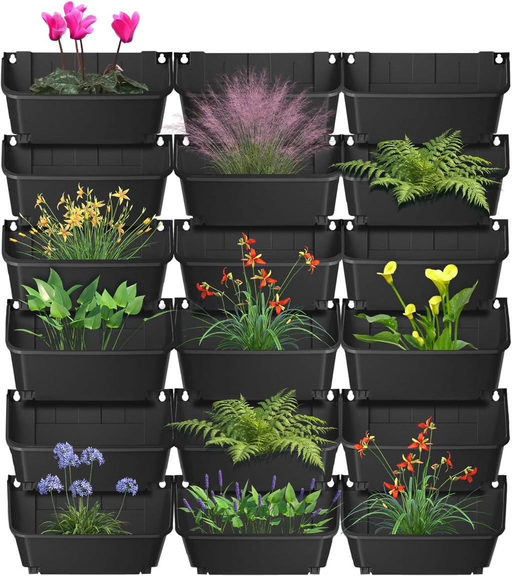 18 Pack Self Watering Wall Mounted Planter, Indoor and Outdoor Vertical Planter Wall Mounted Planter for Patio Outdoor Decor with Drainage Holes, Vertical Garden Planters for Indoor Plants- Black