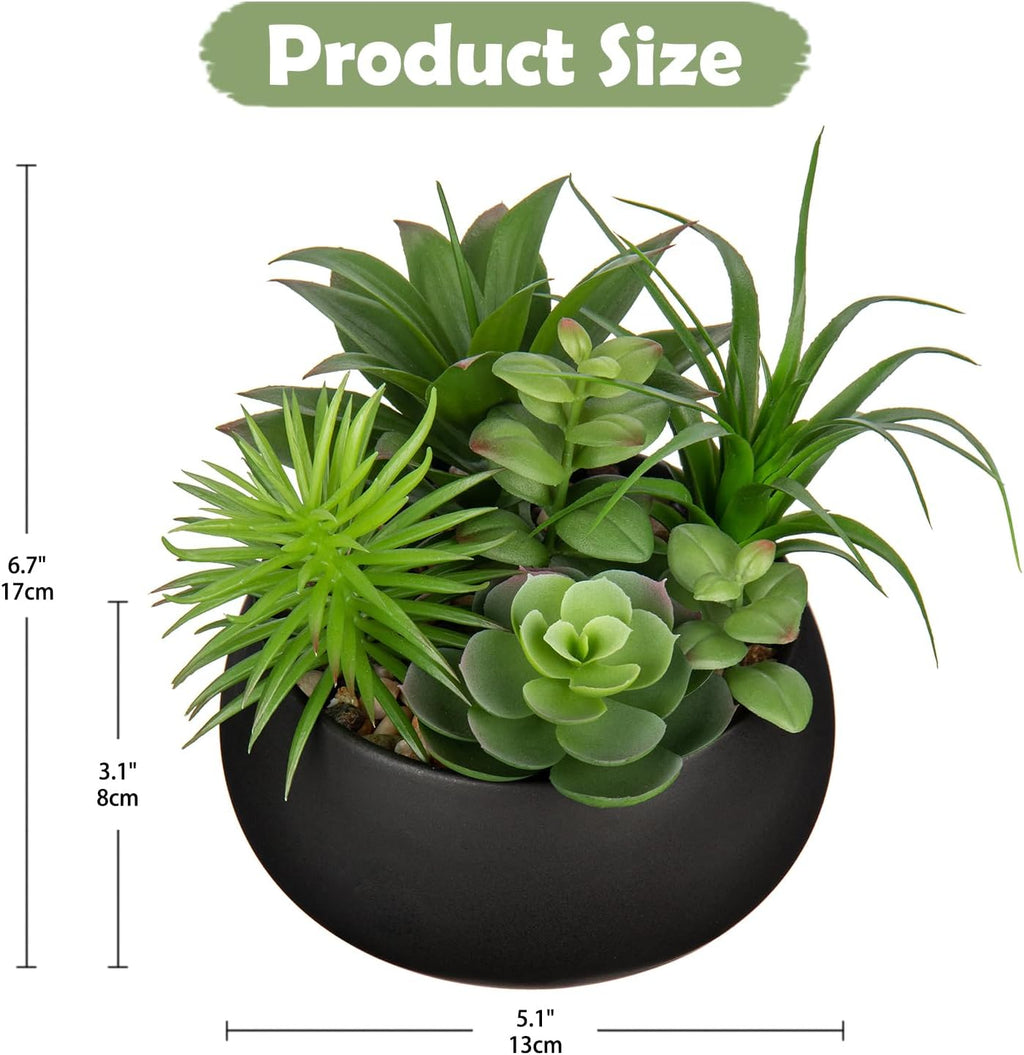 Fake Plants Artificial Succulents in Pots Faux Succulent Arrangement Potted Plant in Black Ceramic Planter Bowl for Home Decor Office Desk Bathroom Shelf Living Room Indoor Decorations