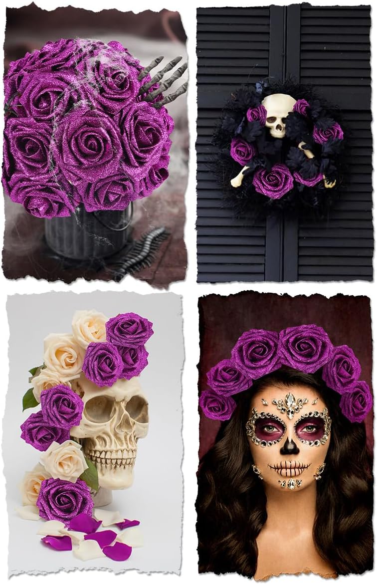 N&T NIETING Artificial Flowers Glowing Purple Flowers Foam 25pcs Glitter Roses Real Looking Fake Roses with Stem for DIY Wedding Bouquets Centerpieces Bridal Shower Party Home Decorations