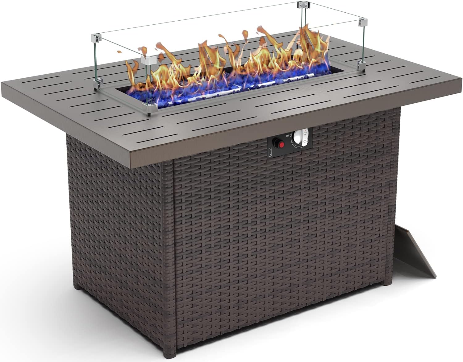 44 Inch Propane Gas Fire Pits Table for Outside Patio, 60000 BTU Rectangular Outdoor Wicker Rattan Fire Pit with Glass Wind Guard