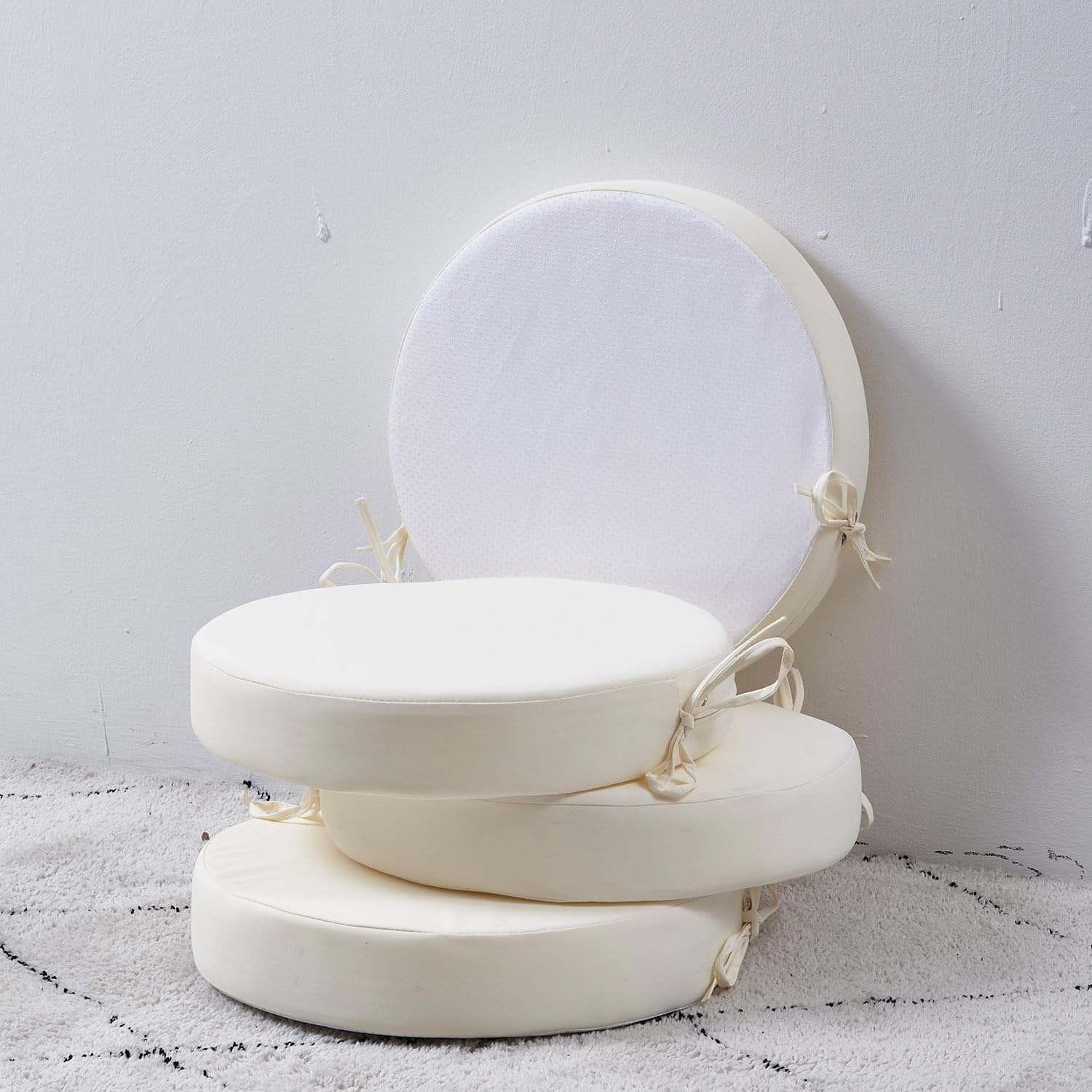 15 x 15 Inch Round Cushions for Outdoor Furniture Non-Slip Waterproof Patio Bistro Chair Cushion with Ties Bar Stool Seat Cushion for Kitchen Chairs Set of 4, Beige