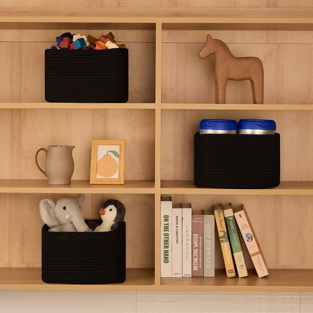 Small Organizing Baskets for Cubes Shelf, 9.7x9.7x7.1 Inch Rope Woven Storage Bins for Nursery Shelves Storage, Cute Toy Basket, Square 3 Packs Black