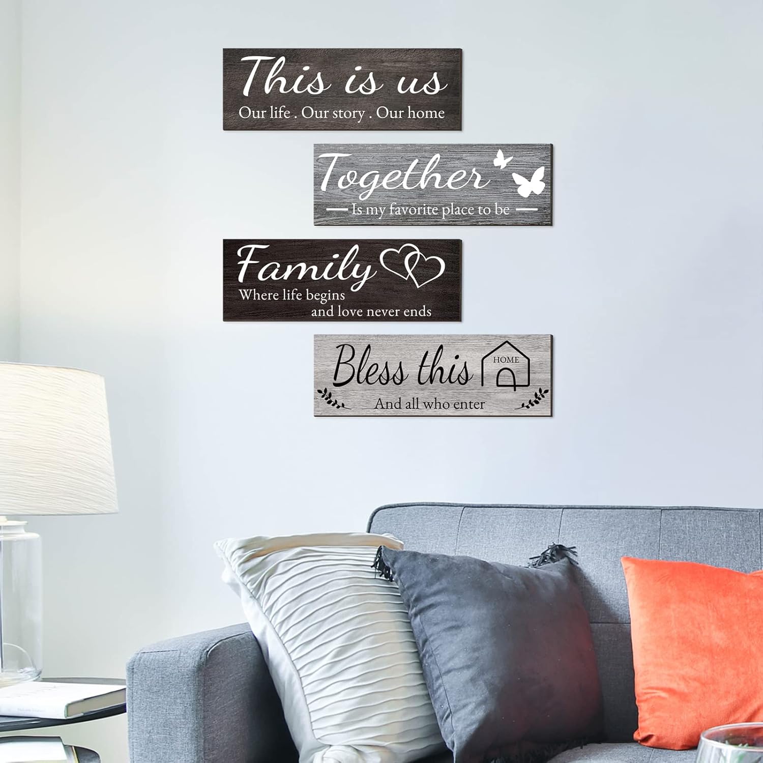 Joyhawk 4 Pieces Home Wall Decor Signs, THIS IS US/TOGETHER/BLESS THIS HOME/FAMILY Wall Decor For Living Room Bedroom, Rustic Wooden Farmhouse Wall Art Decor, 4.7 x 13.8 Inch(Mixed Color)