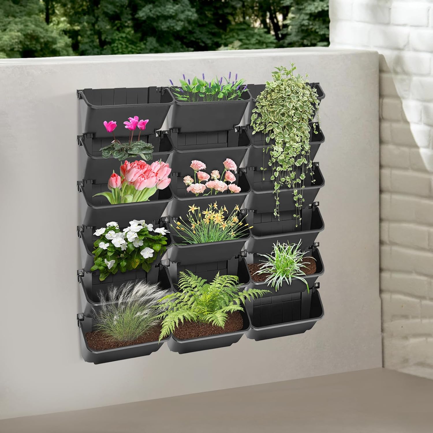 Eapmic Vertical Wall Planter with 18 Pots, Hanging Garden Plant Flowerpot Holder, Stackable Wall-Mounted Planter, Balcony Planters for Flowers Vegetables Fruits (Black, 18 Pots)