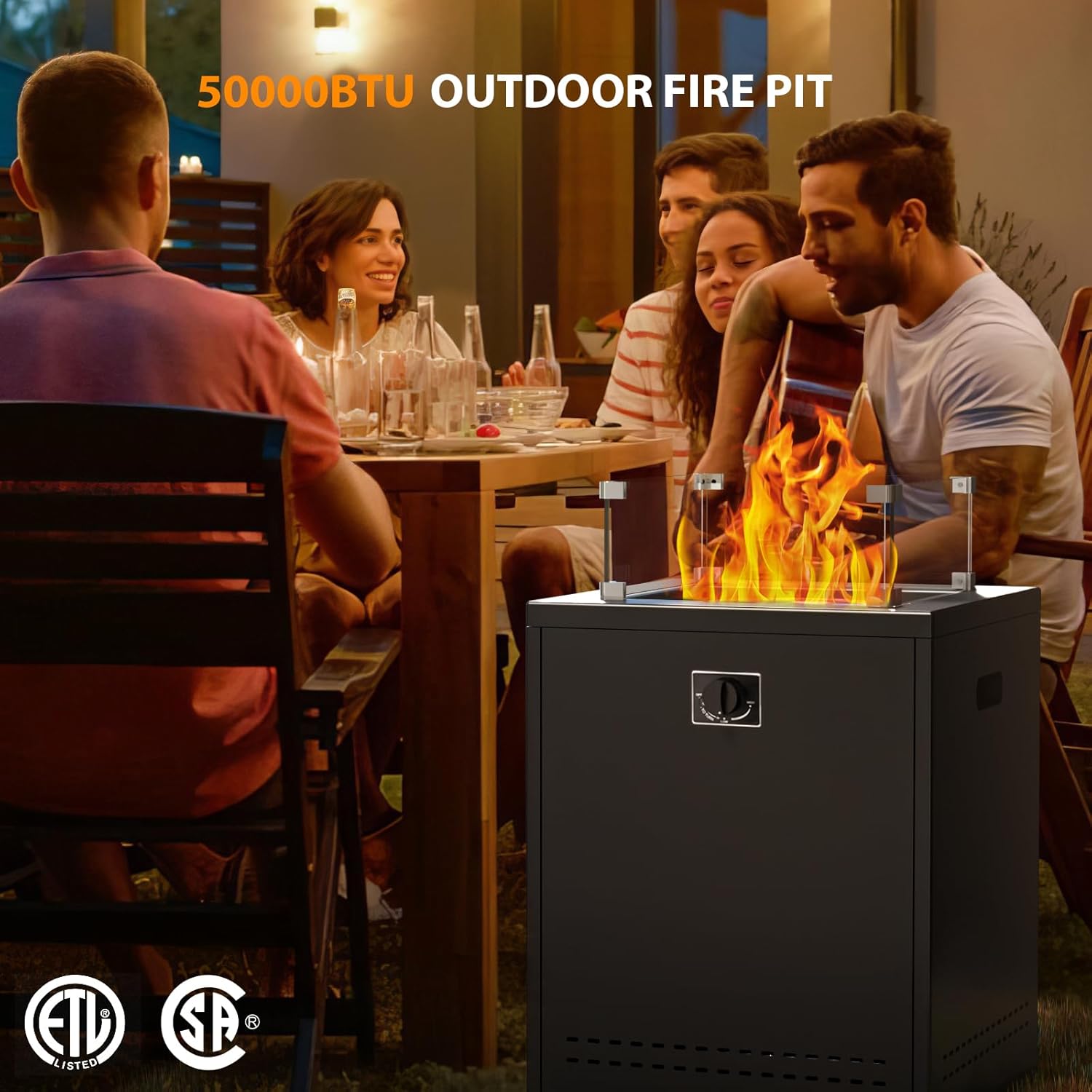 Fire Pit Table Propane Smokeless Fire Pit Outside Heater Patio with Lava Rocks，Glass Wind Guard and Cover,20" Square Fire Pit Table for Balcony Garden Outdoor Camping Deck Backyard,Black