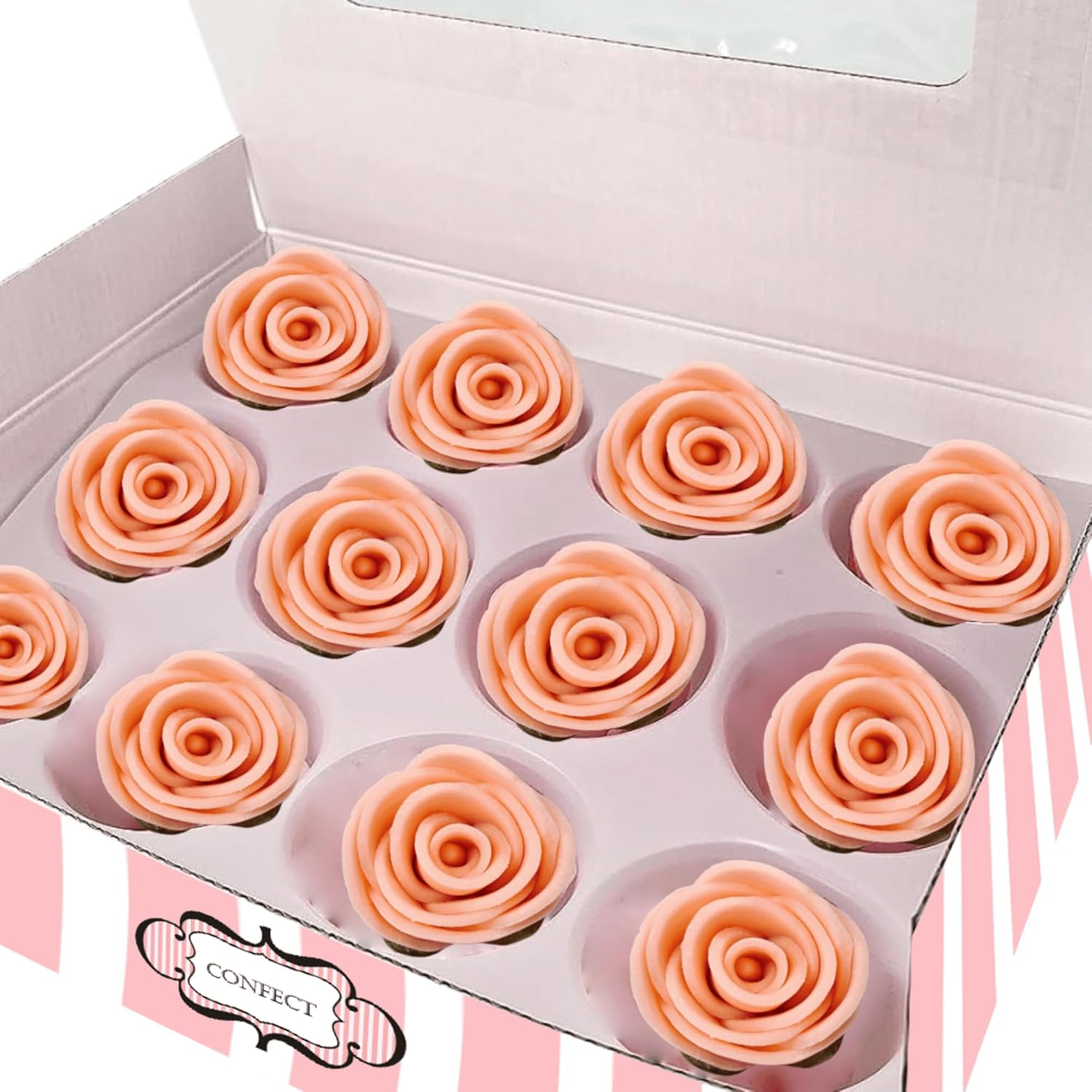 Confect Edible Rose Cake Toppers | Cupcakes & Doughnut Toppers | Roses for Cake Decorations | Edible Pretty Peach Pearl Roses - Vegan, Gluten-Free, Nut-Free, Dairy-Free, Palm Oil-Free -Pack of 12