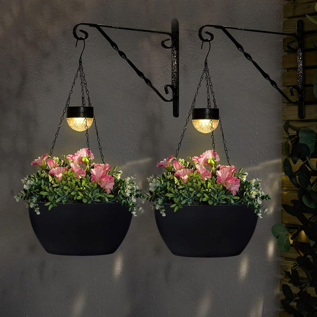 2 Packs Solar Hanging Basket Planters for Plants Outdoor, Self Watering Black Flower Plants Pots with Solar Light Drainer for Balcony Patio Garden Outdoor Decoration