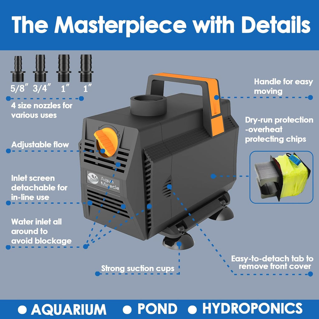AquaMiracle 880GPH Submersible Water Pump Pond Pump(3330L/H, 45W), Water Fountain Pump Aquarium Water Pump with Flow Control for Fish Tank, Waterfall, Statuary, Filtration, Water feature, Hydroponics