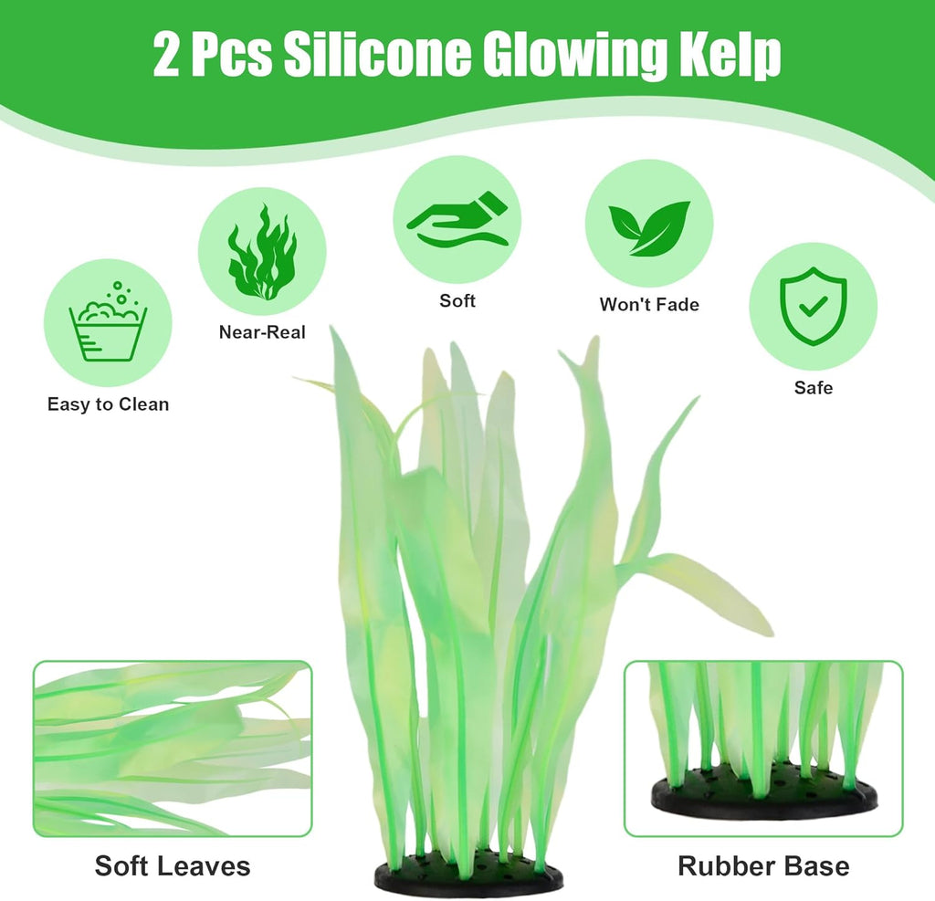 Kaiyuan Dynasty 2pc Artificial Fish Tank Plants Aquarium Decoration Plants Silicone Glowing Kelp Ornament Fish Tank Decor Aquarium Plant Aquatic Water Grass,7inch,Green