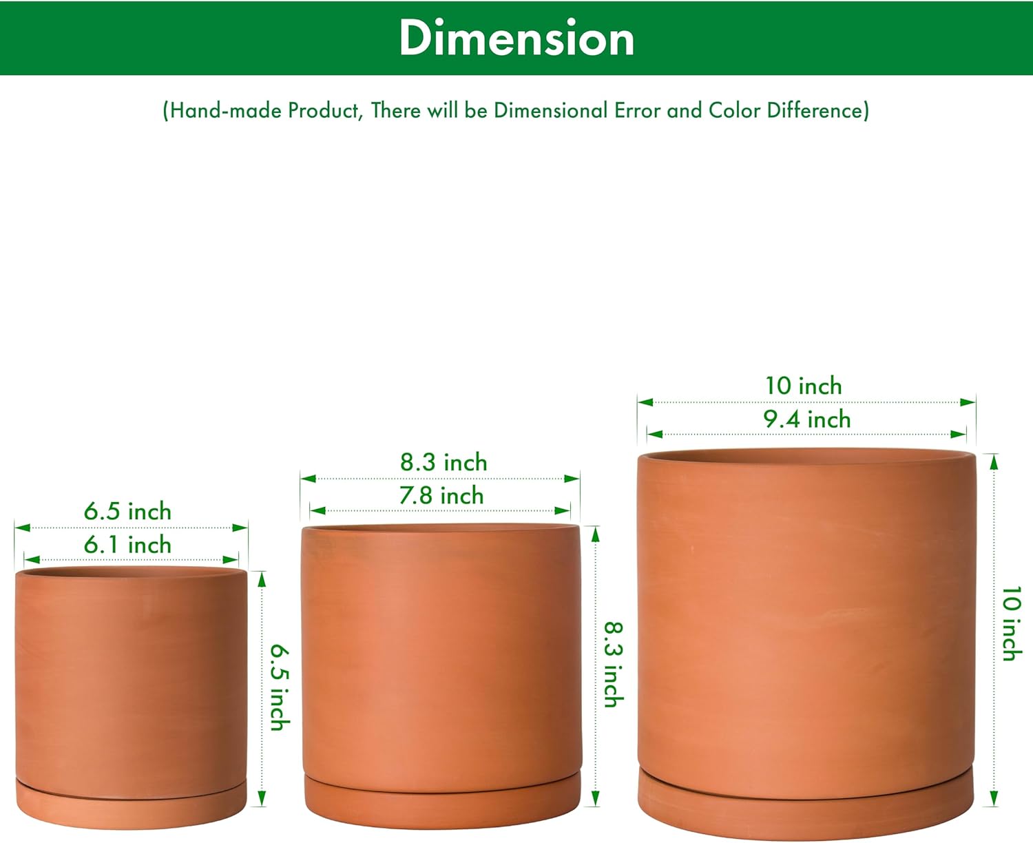 D'vine Dev Terracotta Pots for Plants, 6.5 Inch 8.3 Inch 10 Inch, Round Cylinder Planter Pot with Drainage and Saucer, 40-T-C-0