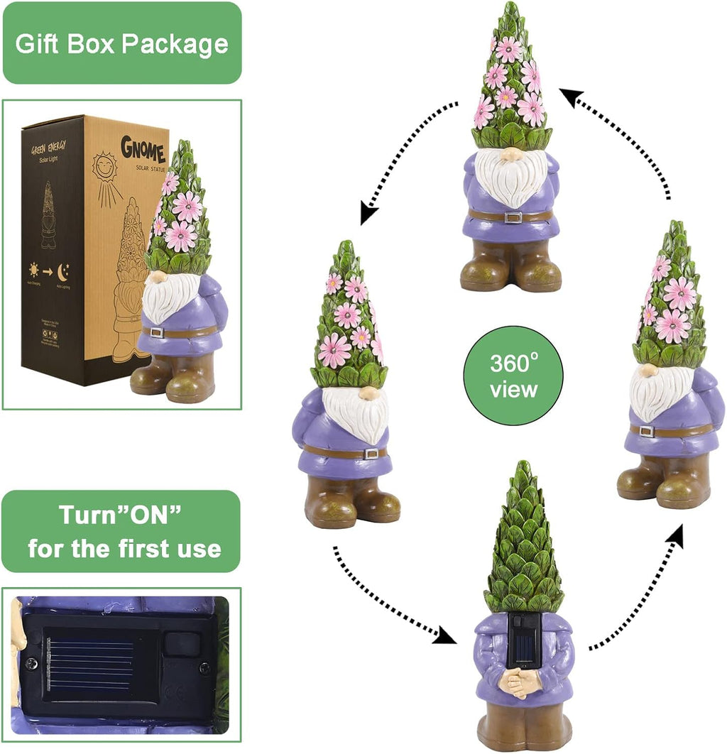 Nacome Garden Outdoor Statues Gnome with Succulent and 7 LED Lights - Lawn Decor for Patio, Balcony, Yard Ornament - Unique Housewarming Gifts