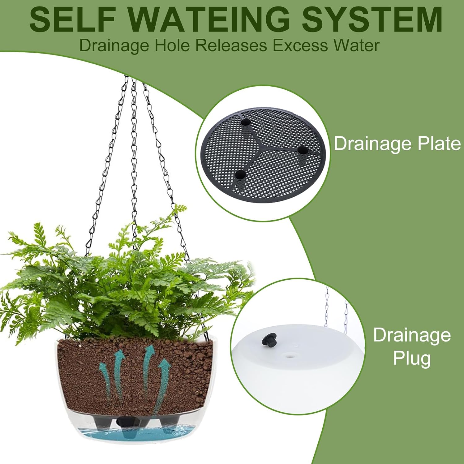 2 Packs Solar Hanging Basket Planters for Plants Outdoor, Self Watering Black Flower Plants Pots with Solar Light Drainer for Balcony Patio Garden Outdoor Decoration