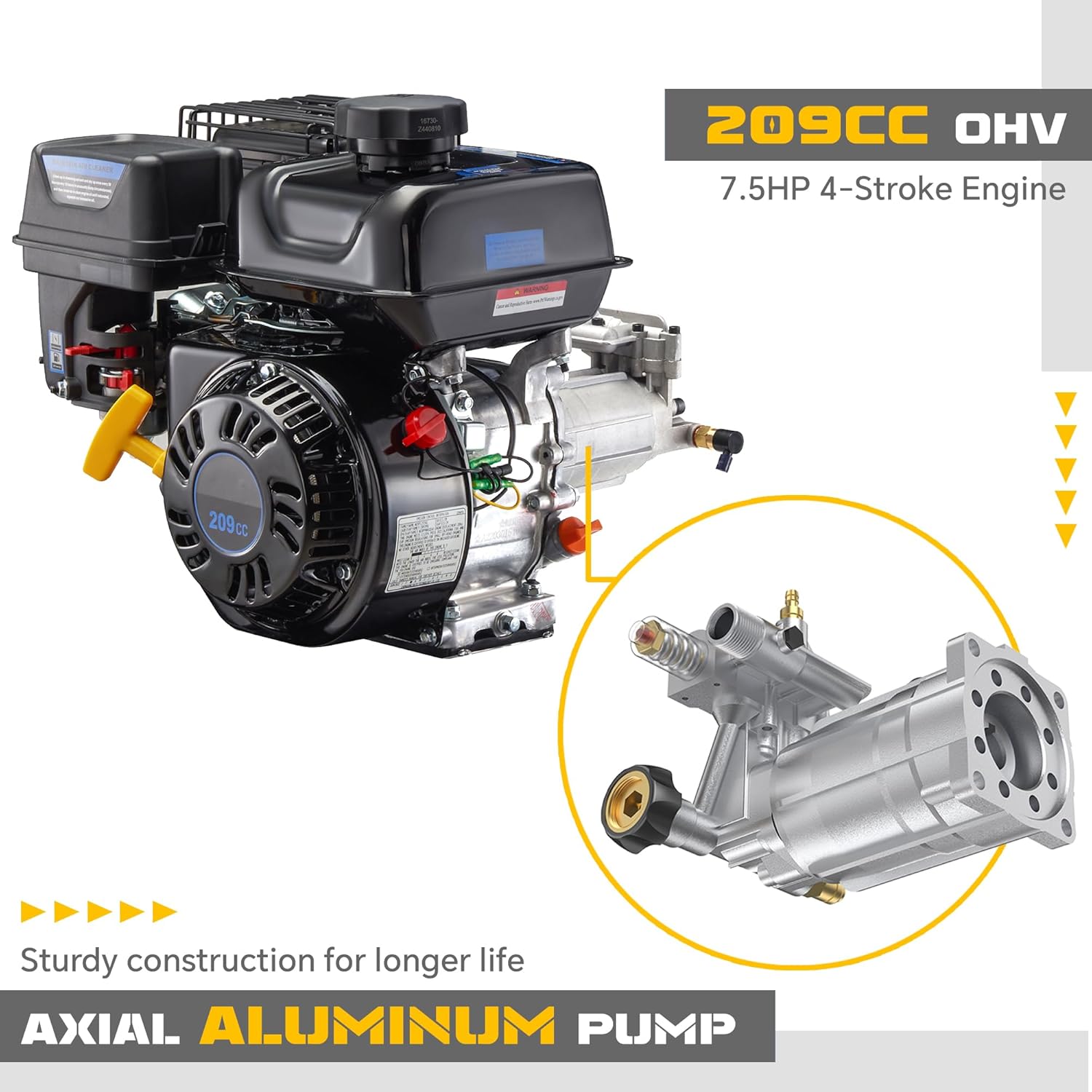 Gas Pressure Washer 3500 PSI 2.3 GPM, Power Washer with 209CC Engine, 25FT Hose, 4 Nozzles, High Pressure Cleaner for Cars, Driveways, Patios, Fences, Home Outdoor Cleaning