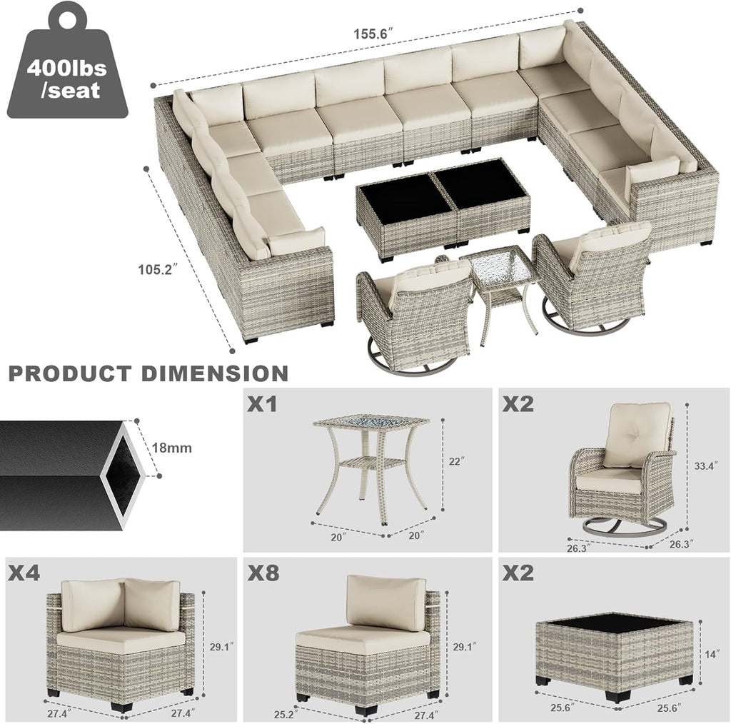 17-Piece Patio Furniture Set, Outdoor Patio Furniture with Swivel Chairs Set, Thick Cushions, Modular Patio Sofa, Dual-Strand Wicker Rattan, Rust-Resistant Frame, Ivory