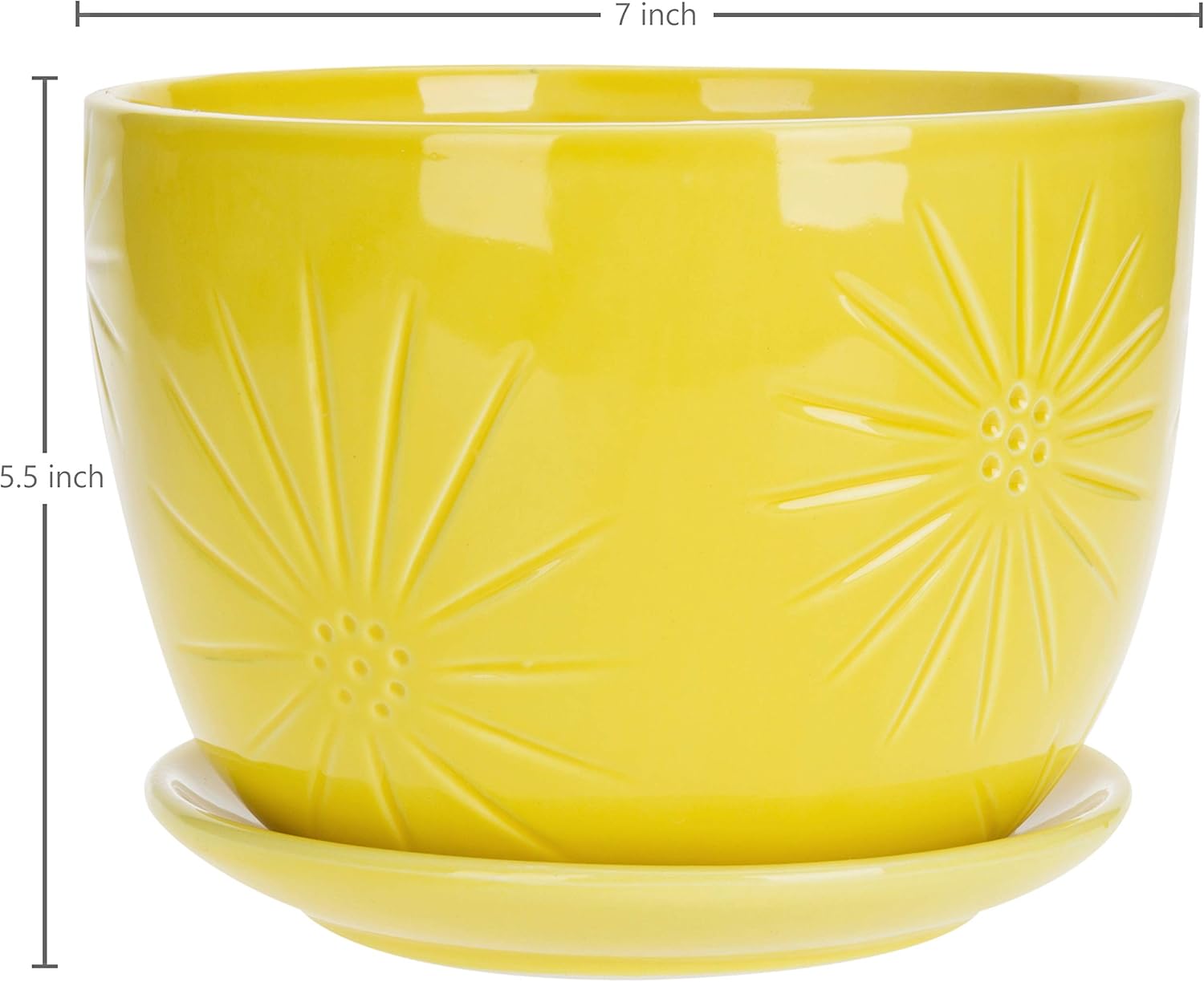 MyGift 7 Inch Round Yellow Ceramic Plant Pot with Drainage Hole and Attached Saucer, Modern Decorative Embossed Sunburst Planter Container for Indoor Home Garden
