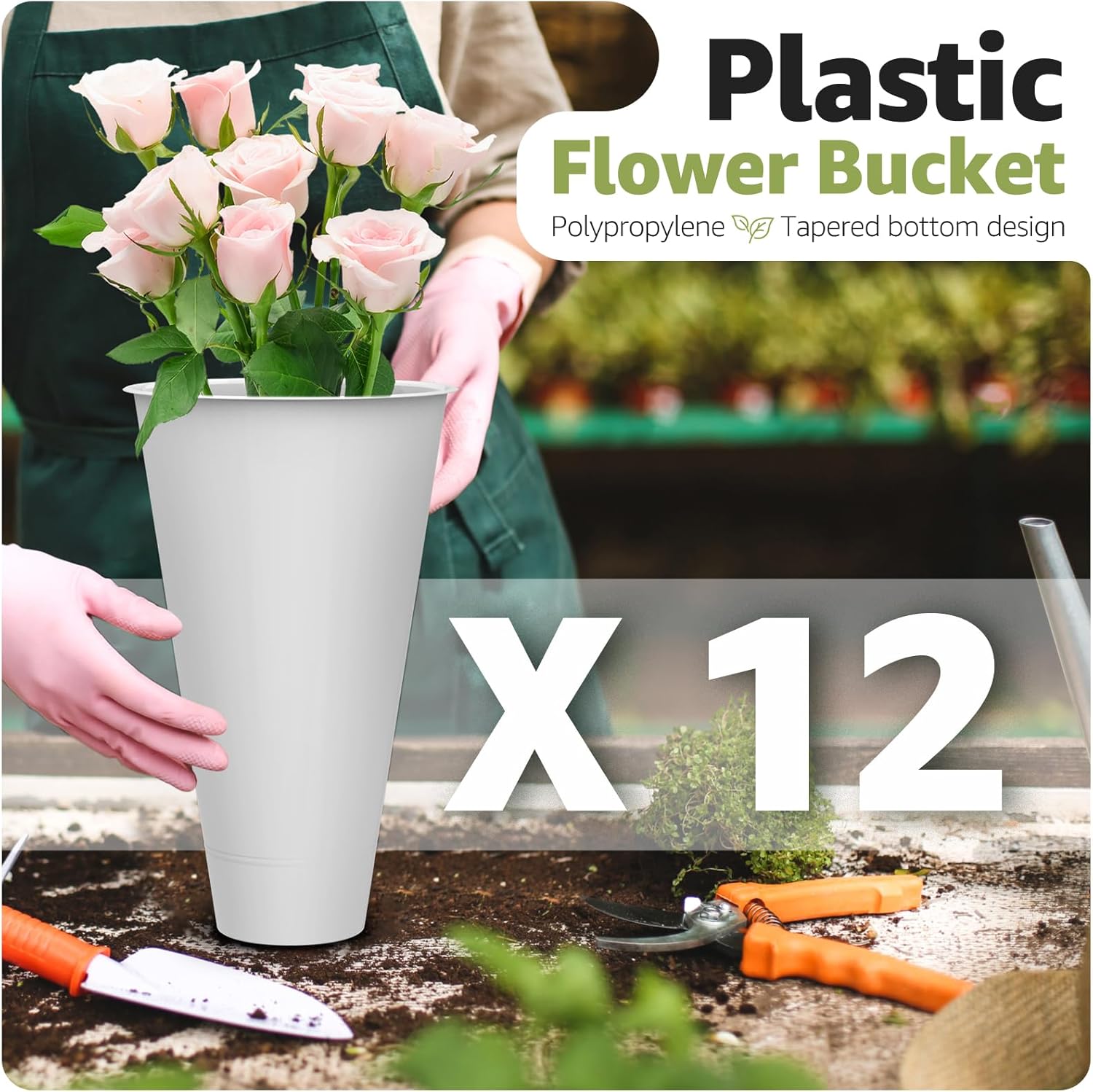 Flower Display Stand 3 Layers with 12 PCS Round Buckets, Plant Stand with Wheels, Movable Metal Plant Stand for Terrace Garden, Florist Shop (Gold Frame, White Buckets, 3-Tier, 12 Buckets)